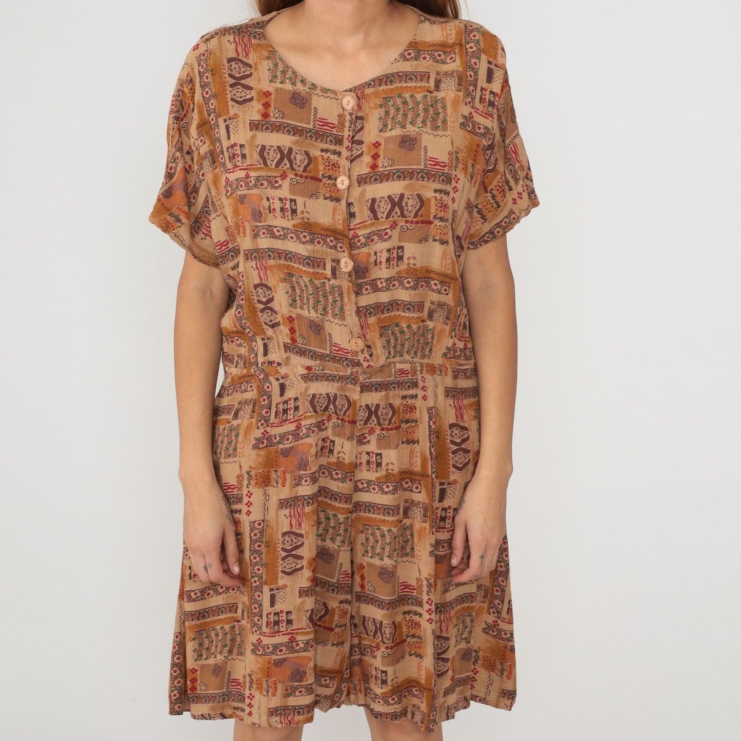 90s Rafael Patchwork Romper Ethnic Print Brown Orange Large L