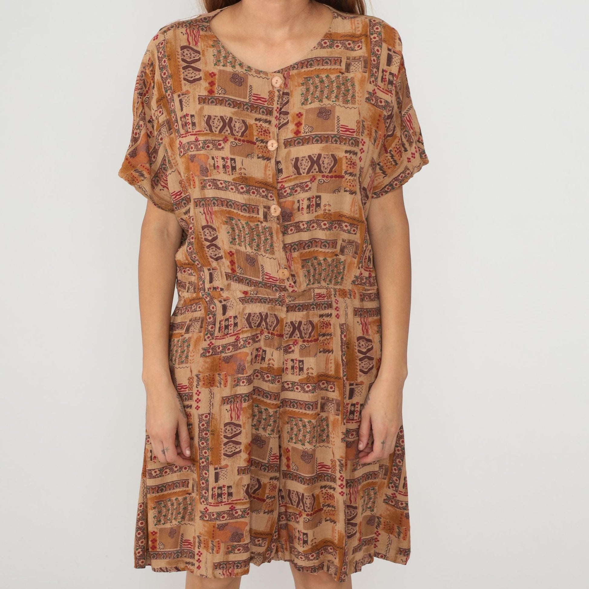 90s Rafael Patchwork Romper Ethnic Print Brown Orange Large L