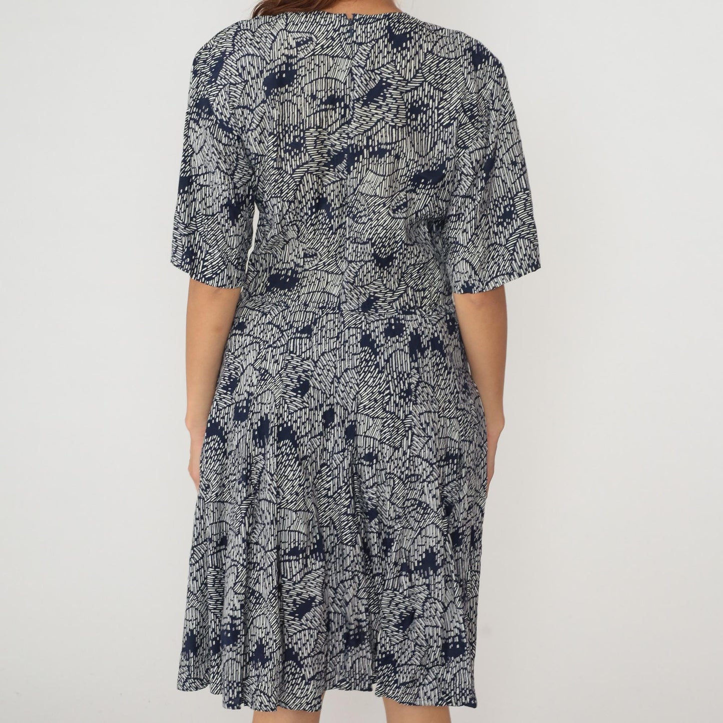 80s Ms Claus Navy White Geometric Abstract Print Midi Dress Medium