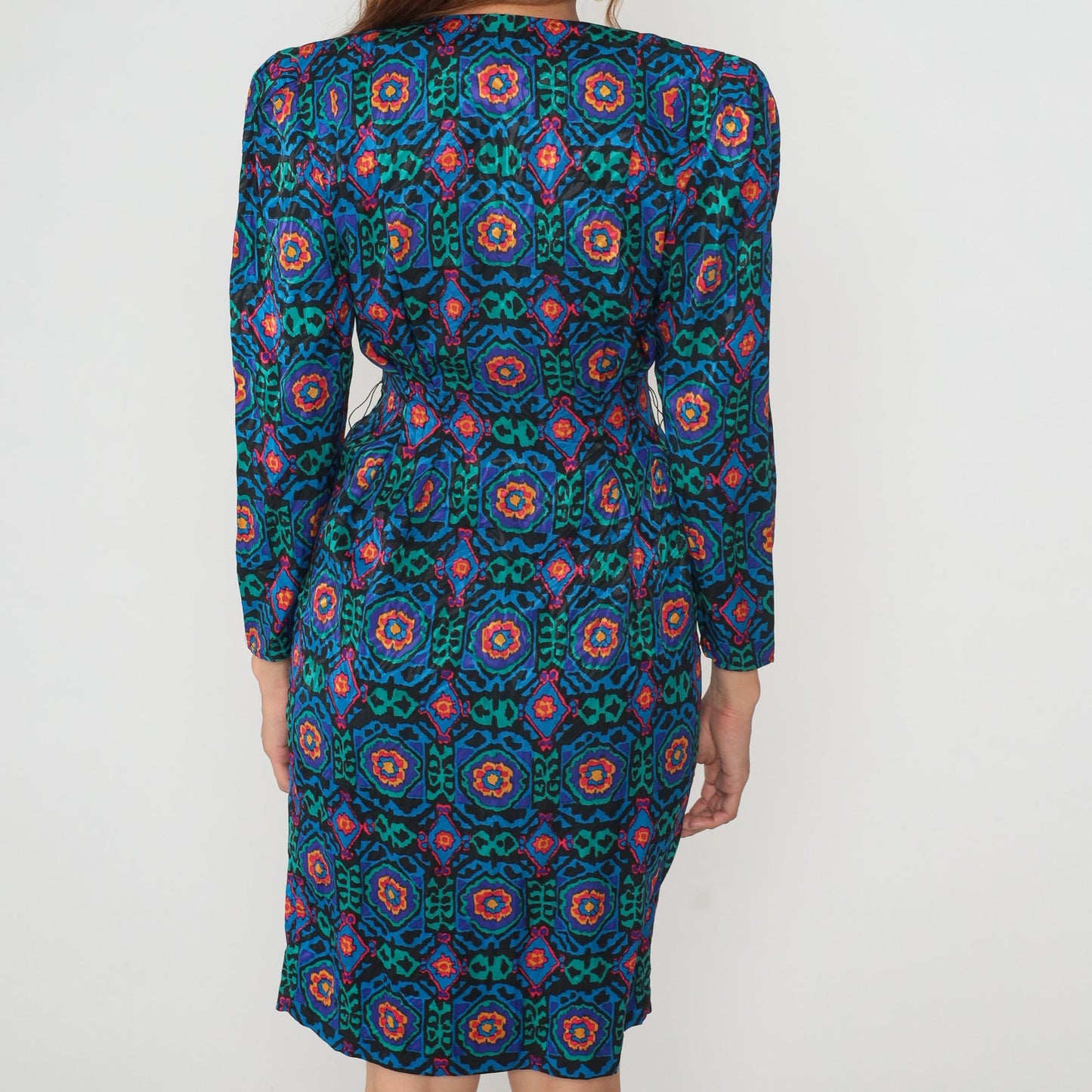 80s Papell Petites Medallion Print Dress Knee Length Geometric Small