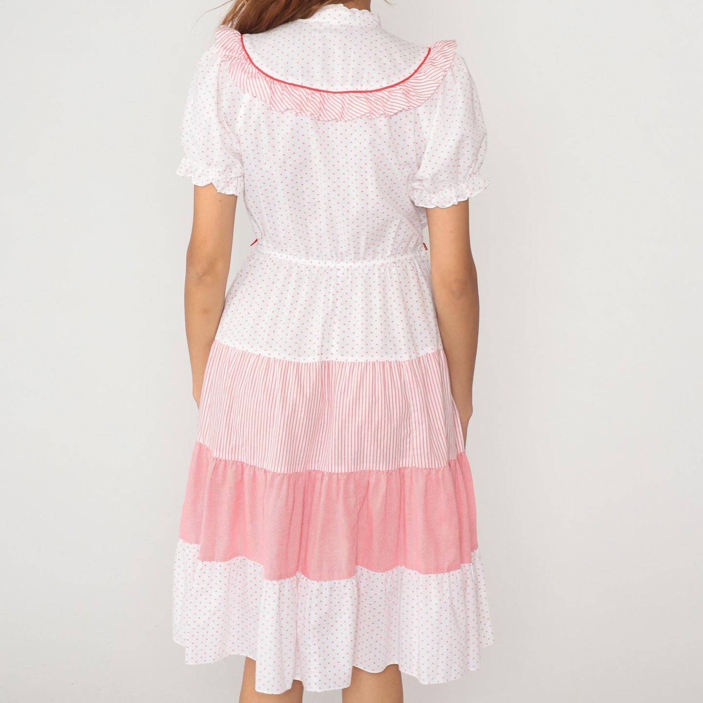 80s White Polka Dot Pink Striped Midi Dress Peter Pan Collar Puff Sleeve Medium