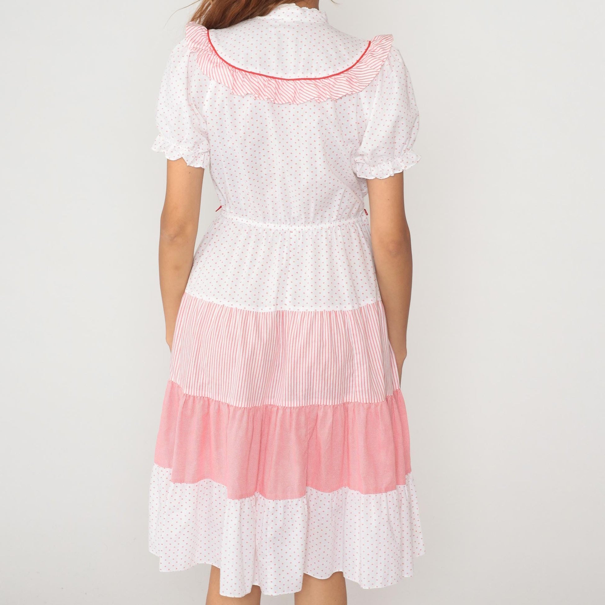 80s White Polka Dot Pink Striped Midi Dress Peter Pan Collar Puff Sleeve Medium