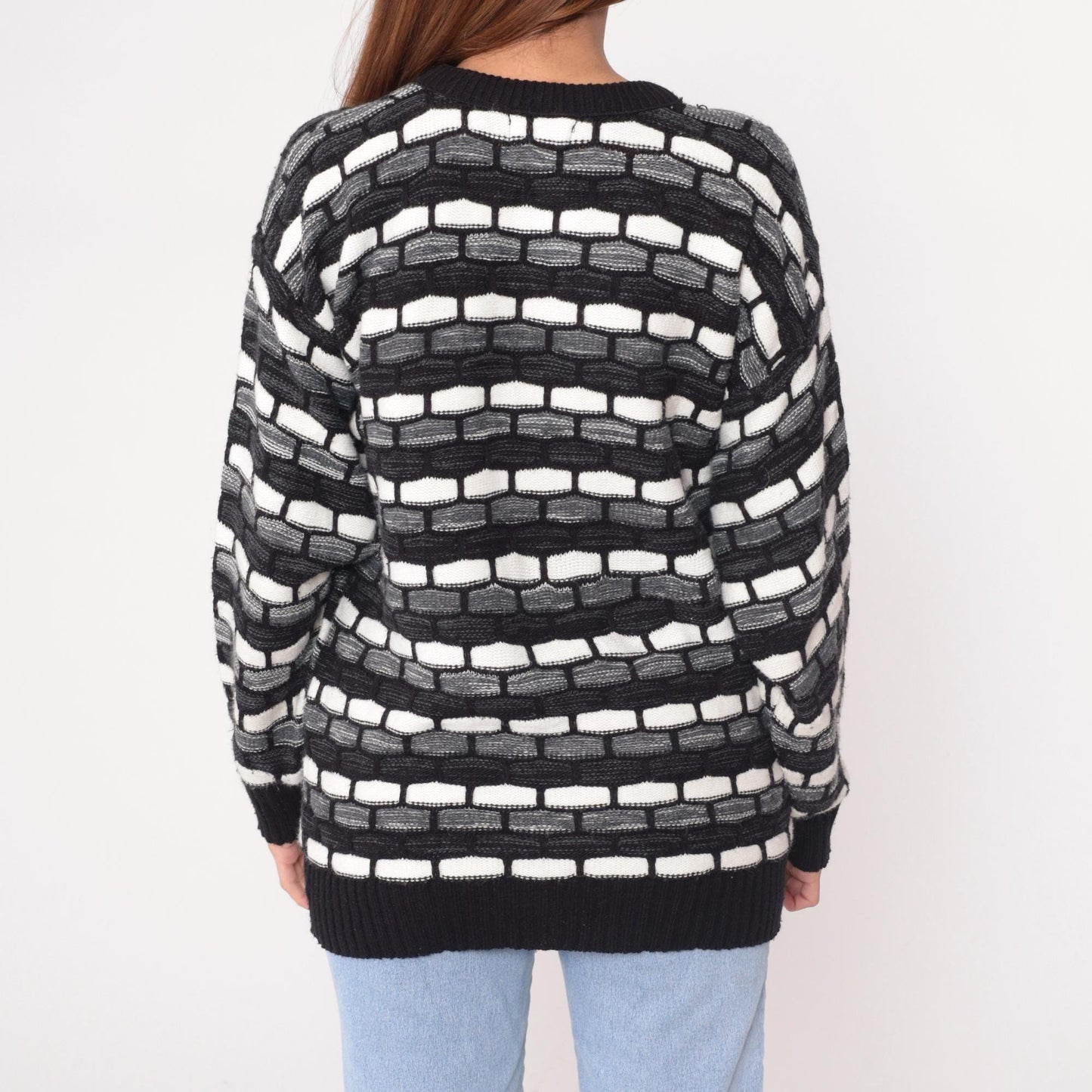 90s Checkpoint Geometric Knit Sweater Black White Grey Brick Pattern Large L