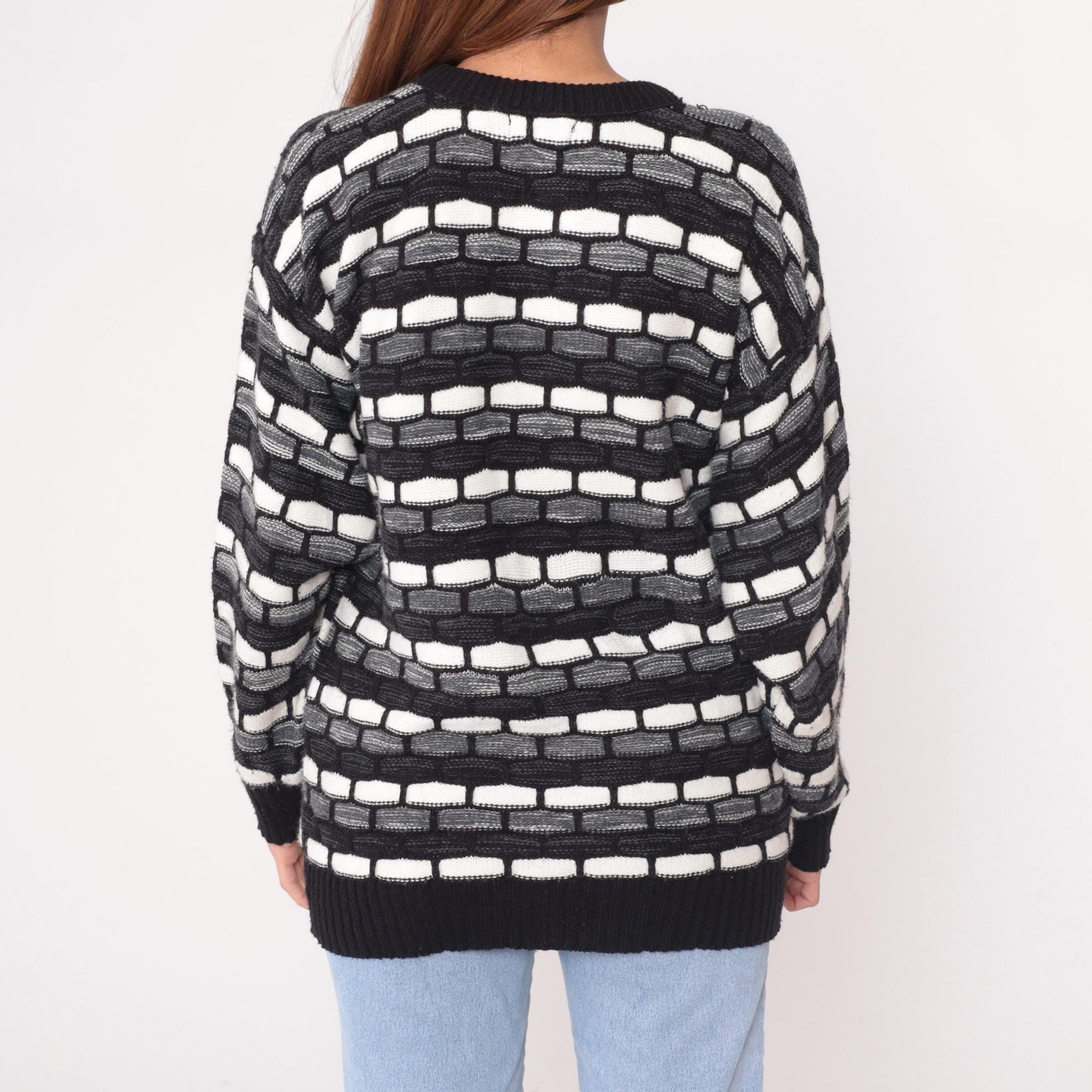 90s Checkpoint Geometric Knit Sweater Black White Grey Brick Pattern Large L