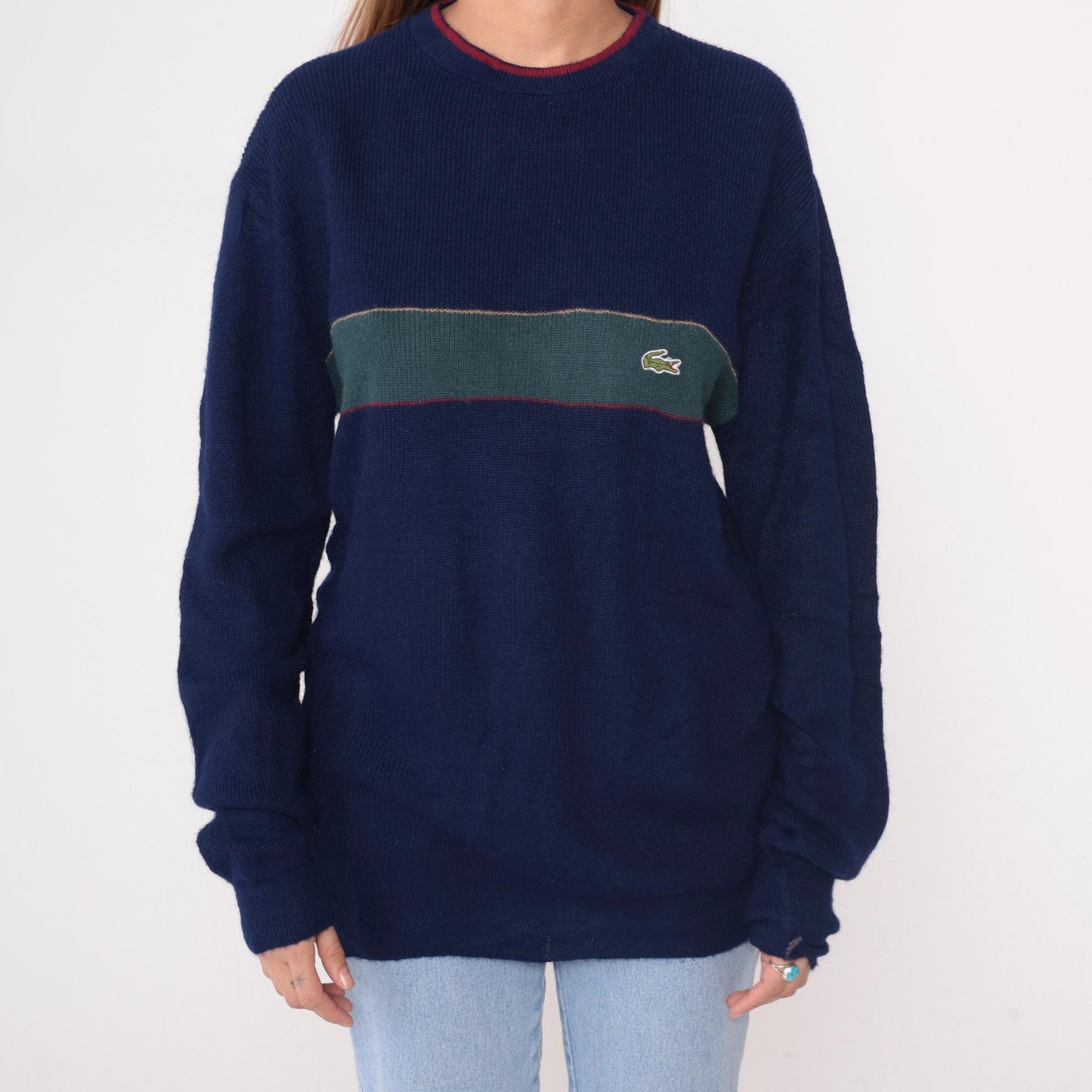 80s Izod Lacoste Navy Sweater Green Stripe Crocodile Crew Neck Large