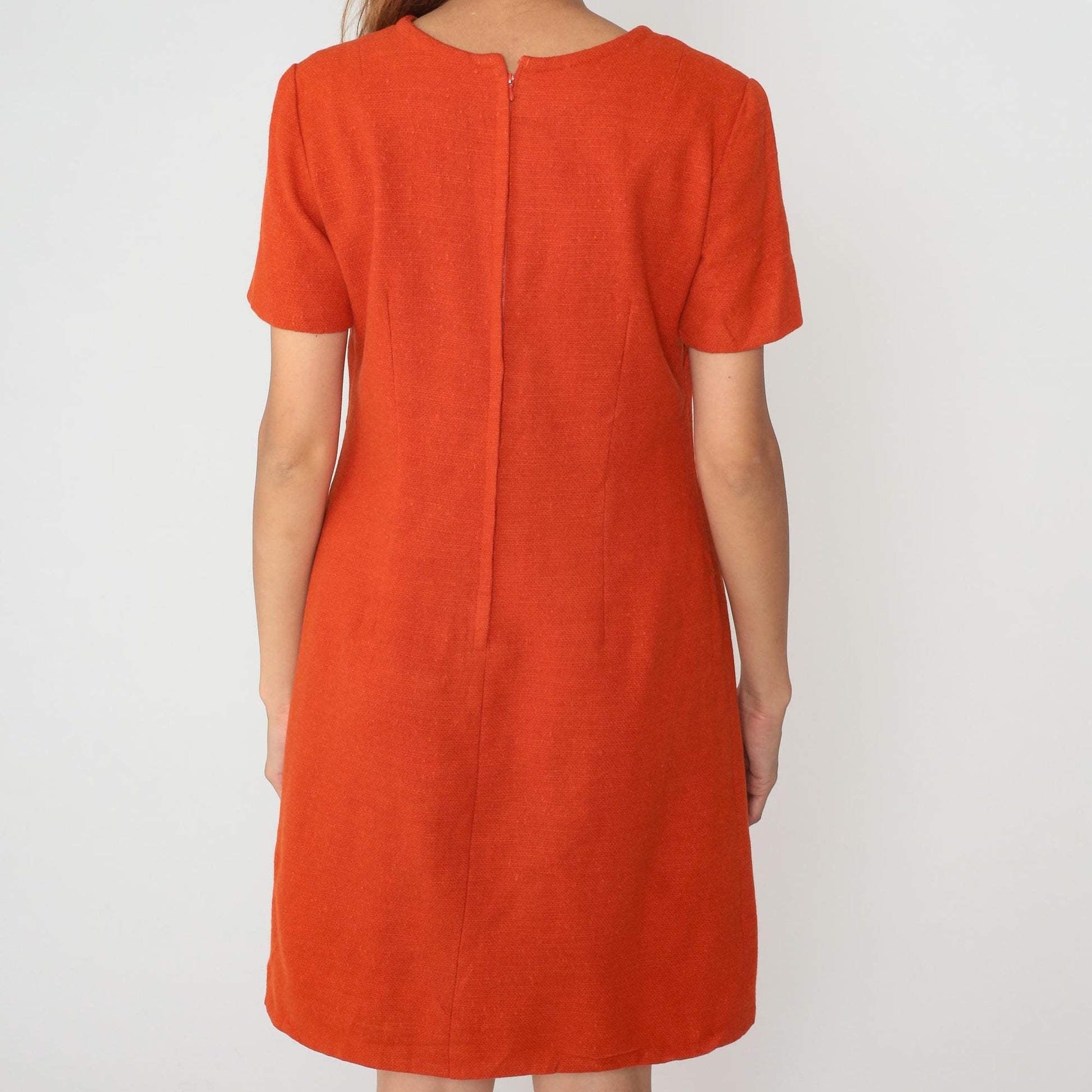 60s Orange Wool Mini Shift Dress Mod A-Line Short Sleeve Medium M