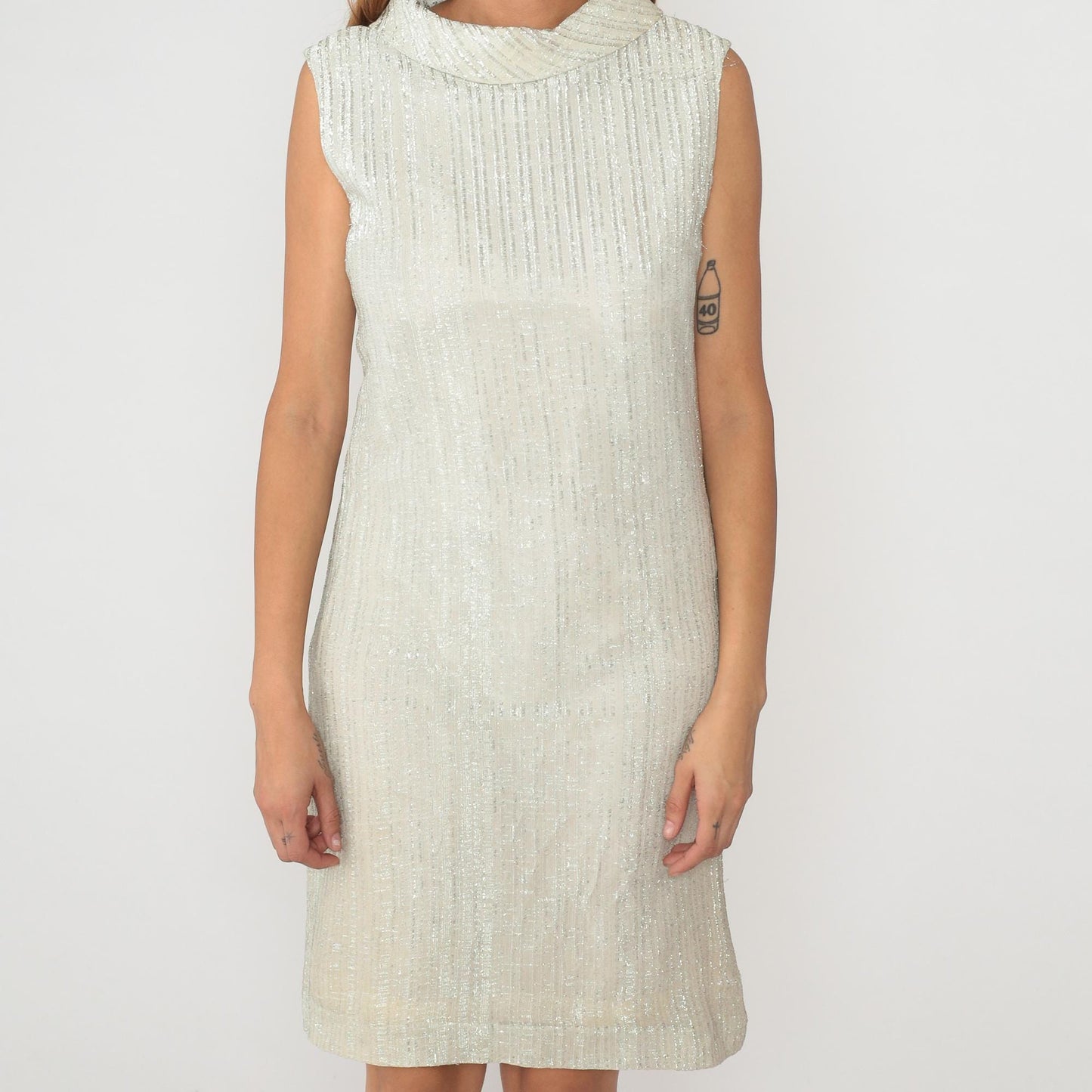 70s Fritzi of California Metallic Shift Dress Cream Collar Sleeveless Small