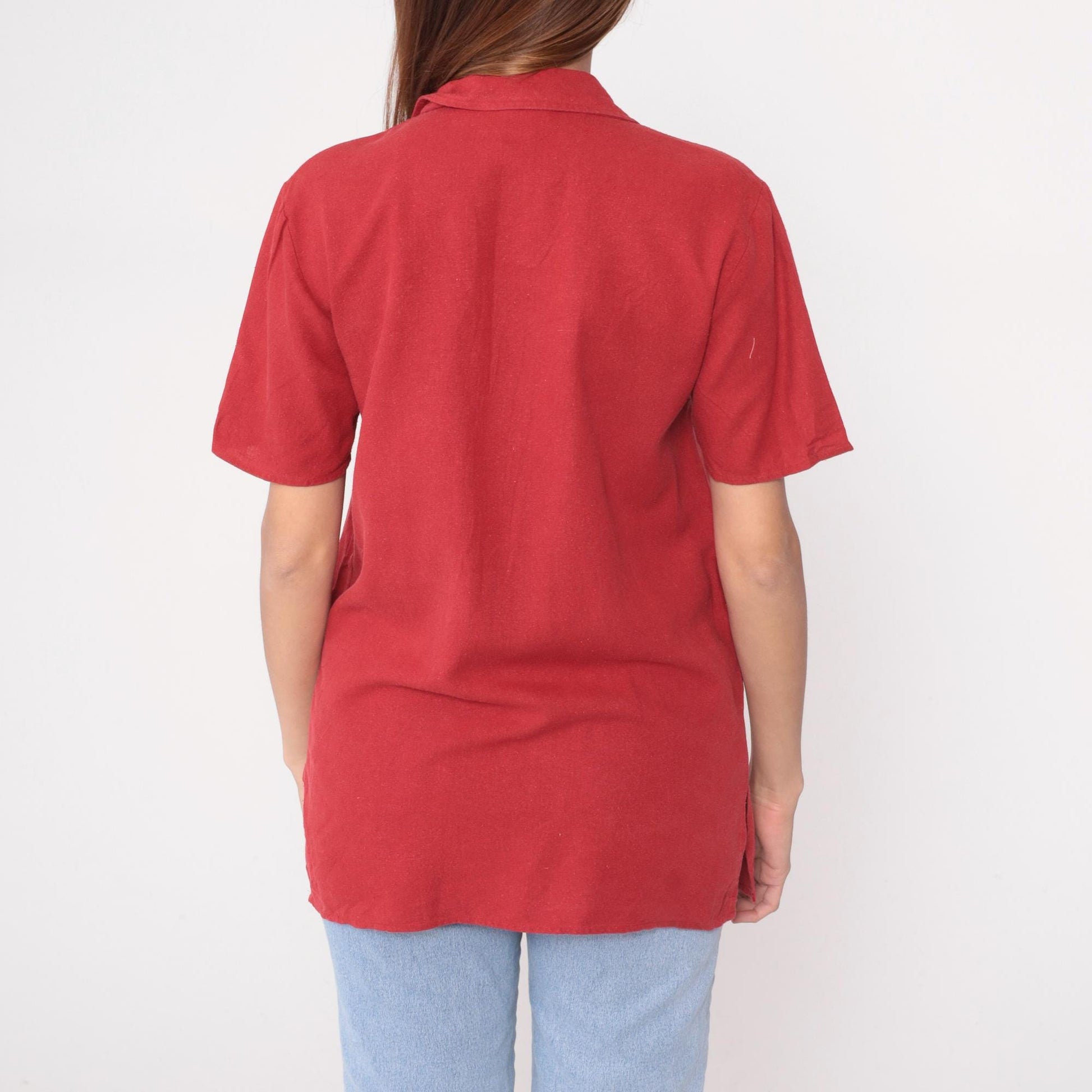 Y2K Anna and Frank Silk Safari Shirt Red Camp Collar Button Front Small S