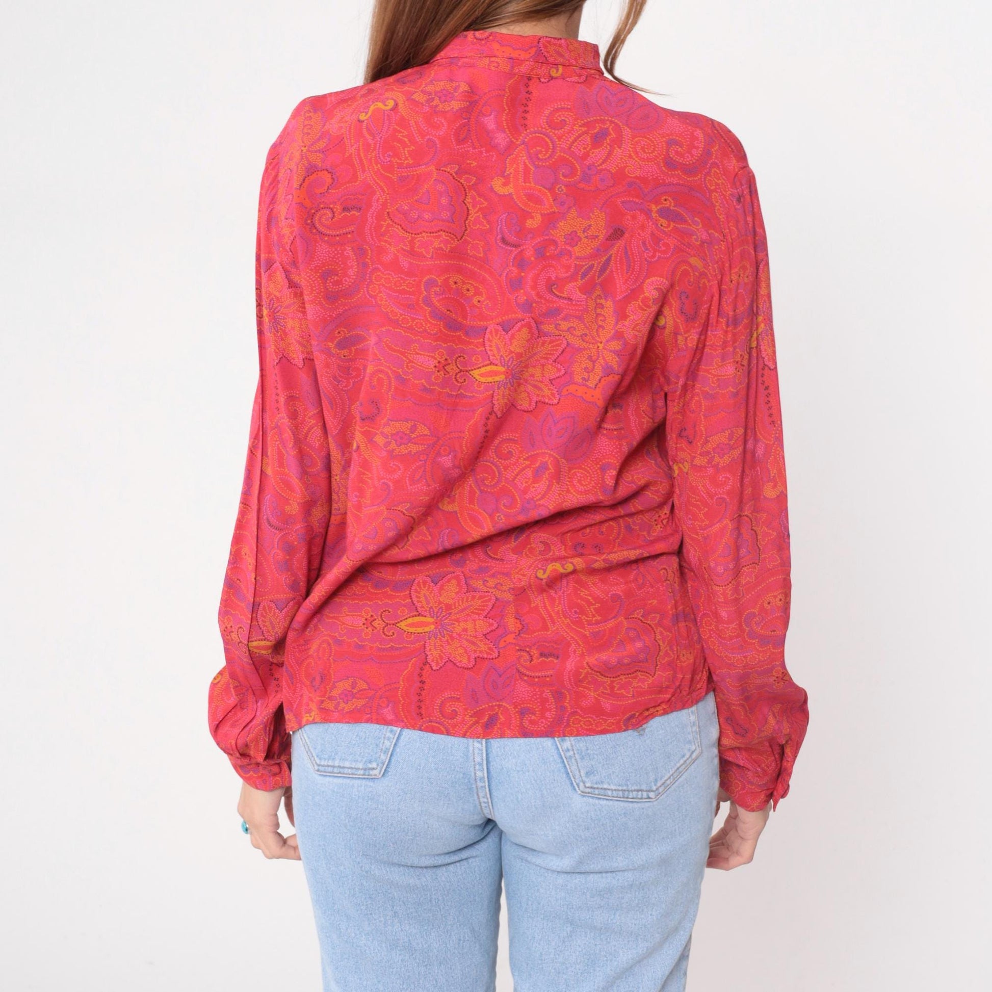 90s Evan Picone Coral Paisley Blouse Long Sleeve Pointed Collar Medium