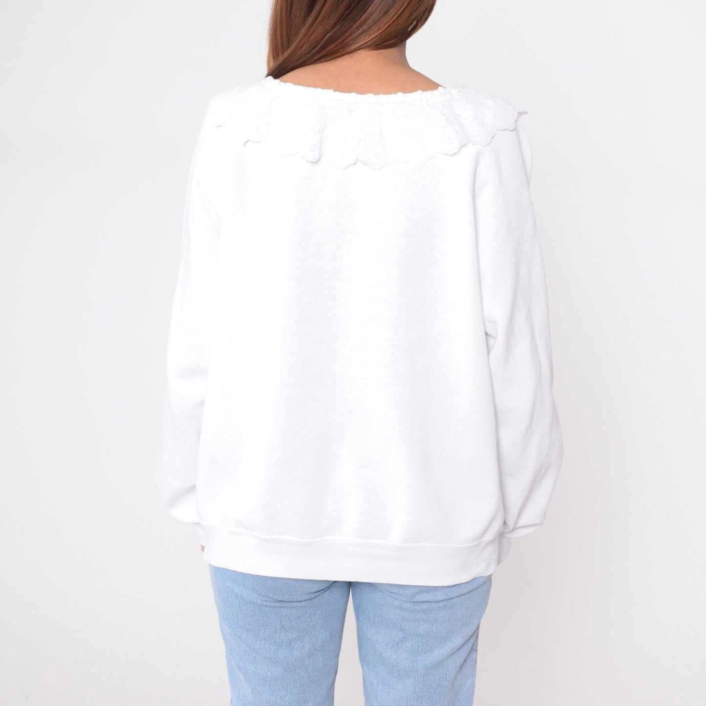 80s White Sweatshirt Embroidered Face Illustration Raglan Crew Neck Large L