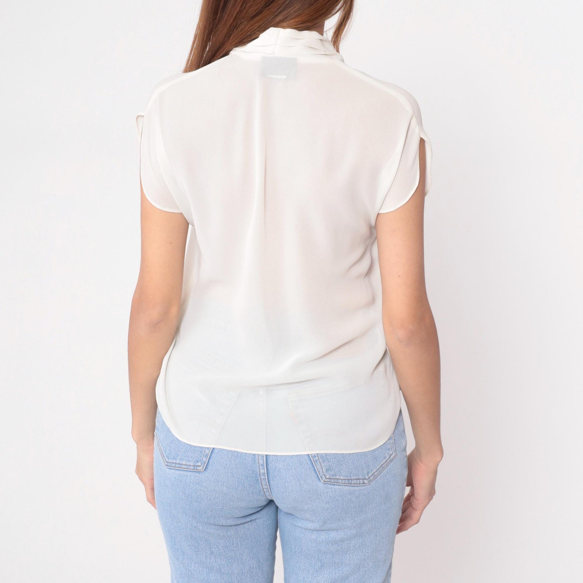 90s Oui Petites Cream Sheer Blouse V-Neck Cap Sleeve Small