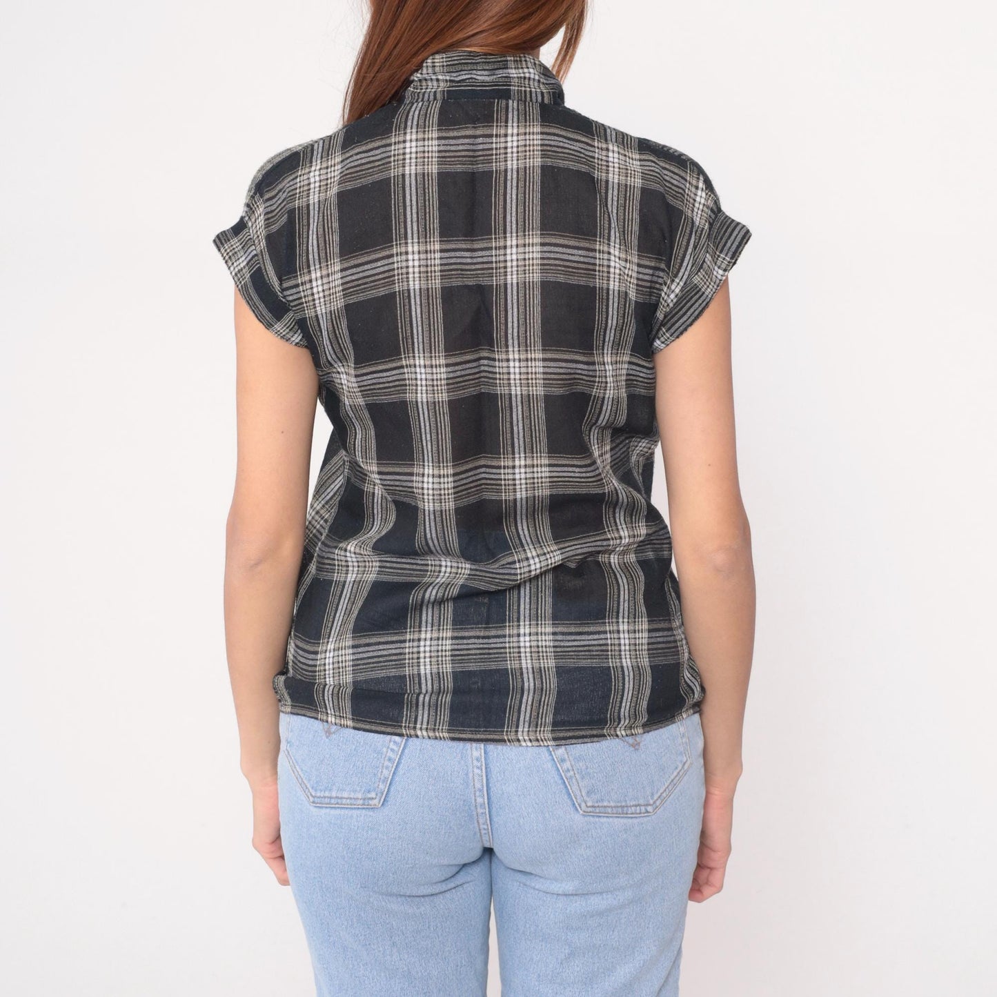 90s Bonjour Black White Plaid Short Sleeve Shirt Small