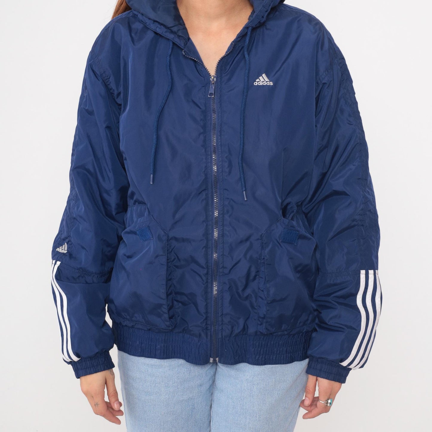 80s Adidas Navy Hooded Windbreaker Full Zip Three Stripe Small
