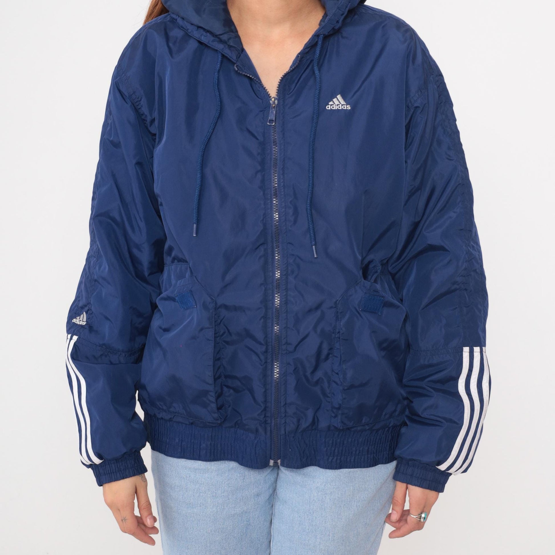 80s Adidas Navy Hooded Windbreaker Full Zip Three Stripe Small