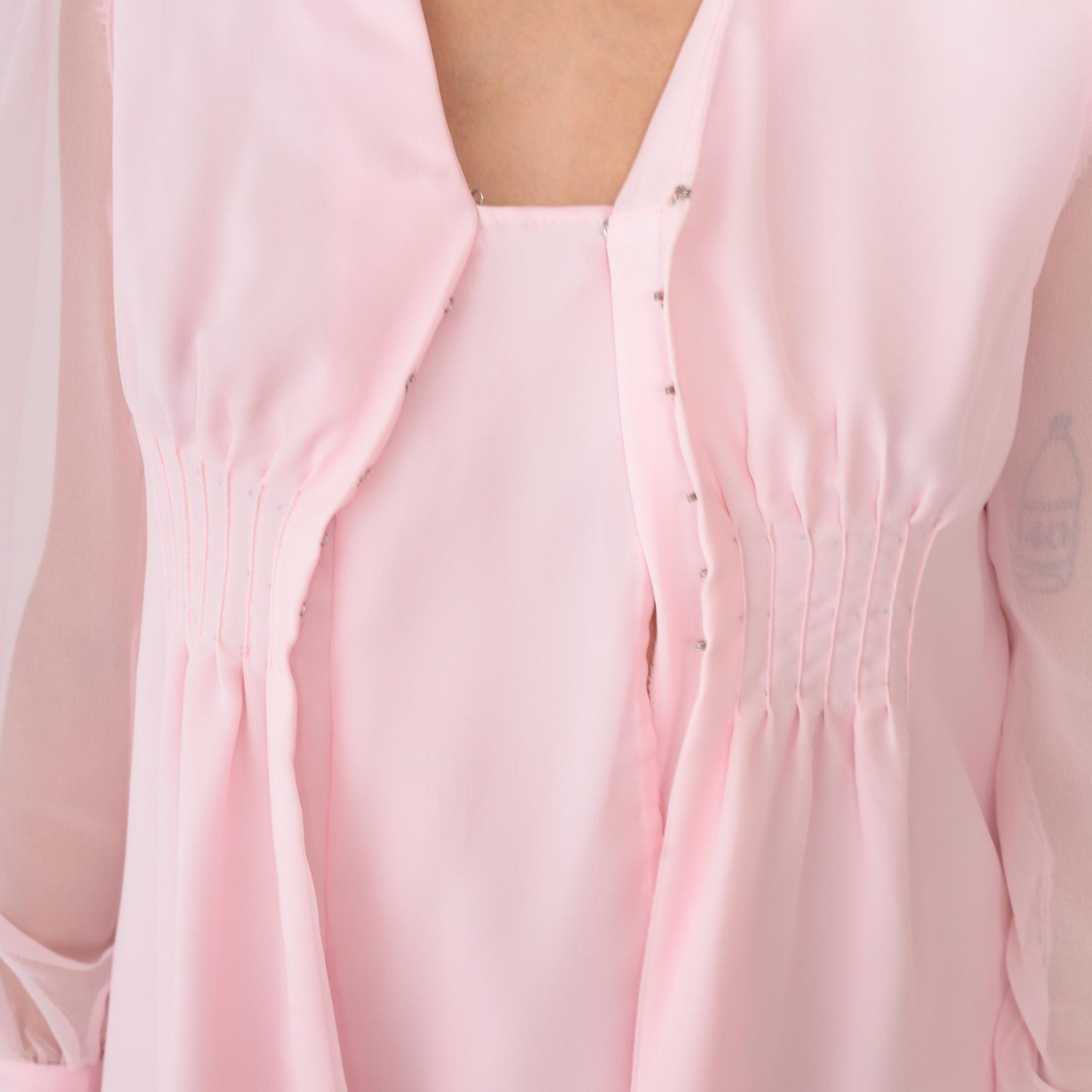 70s Pink Polyester Dress V-Neck Button Front Knee-Length Small