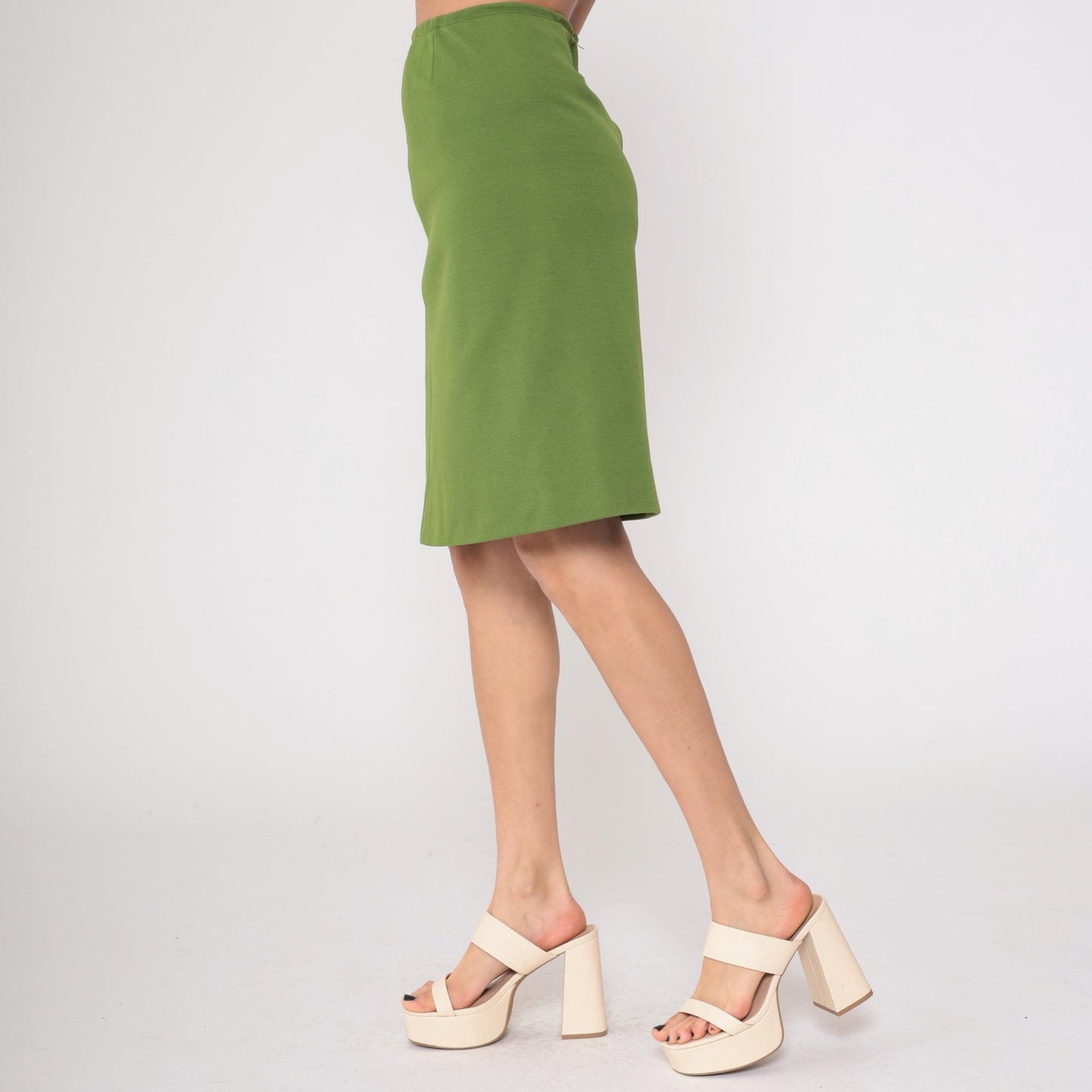 70s Olive Green A-Line Skirt Knee Length Back Zip Small S