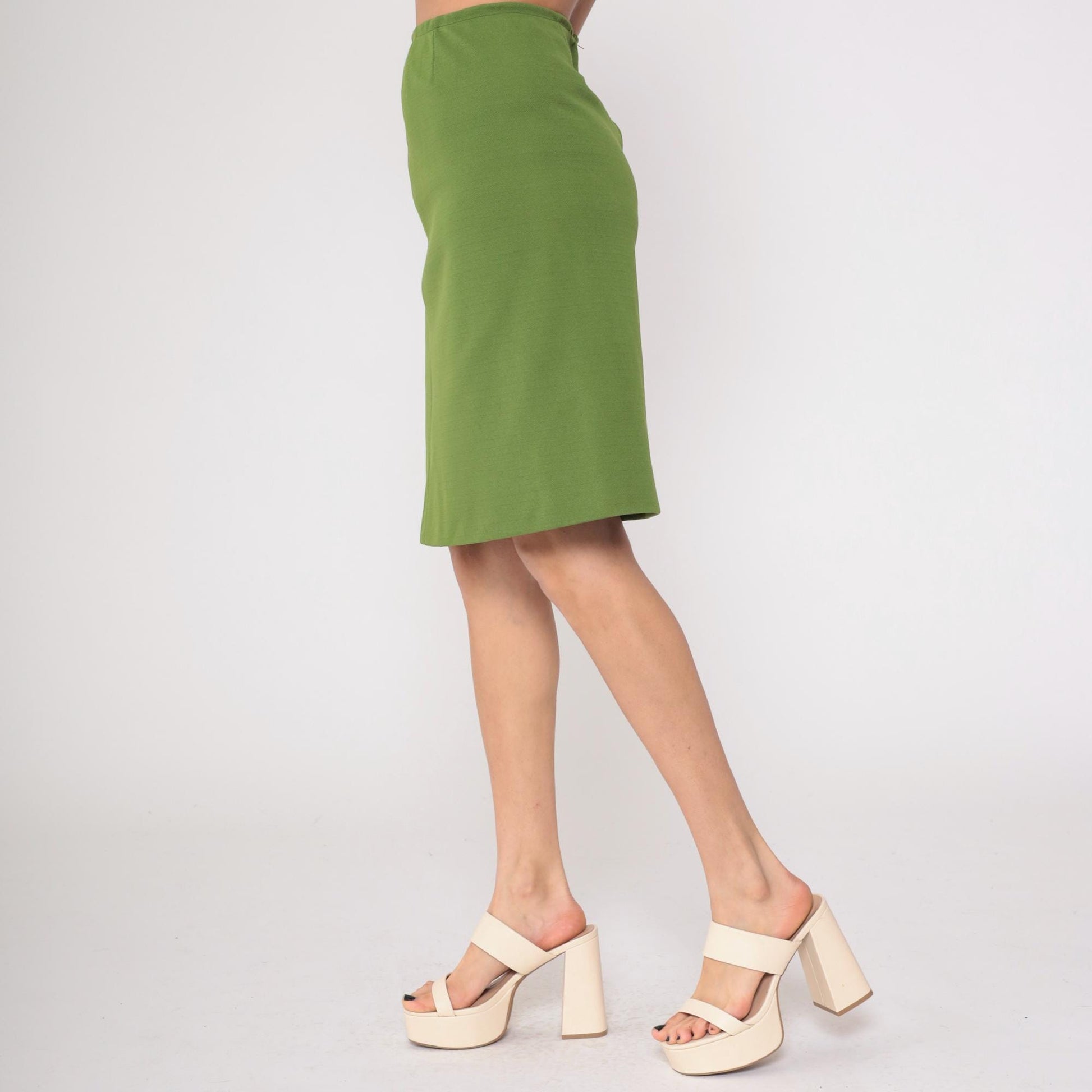 70s Olive Green A-Line Skirt Knee Length Back Zip Small S