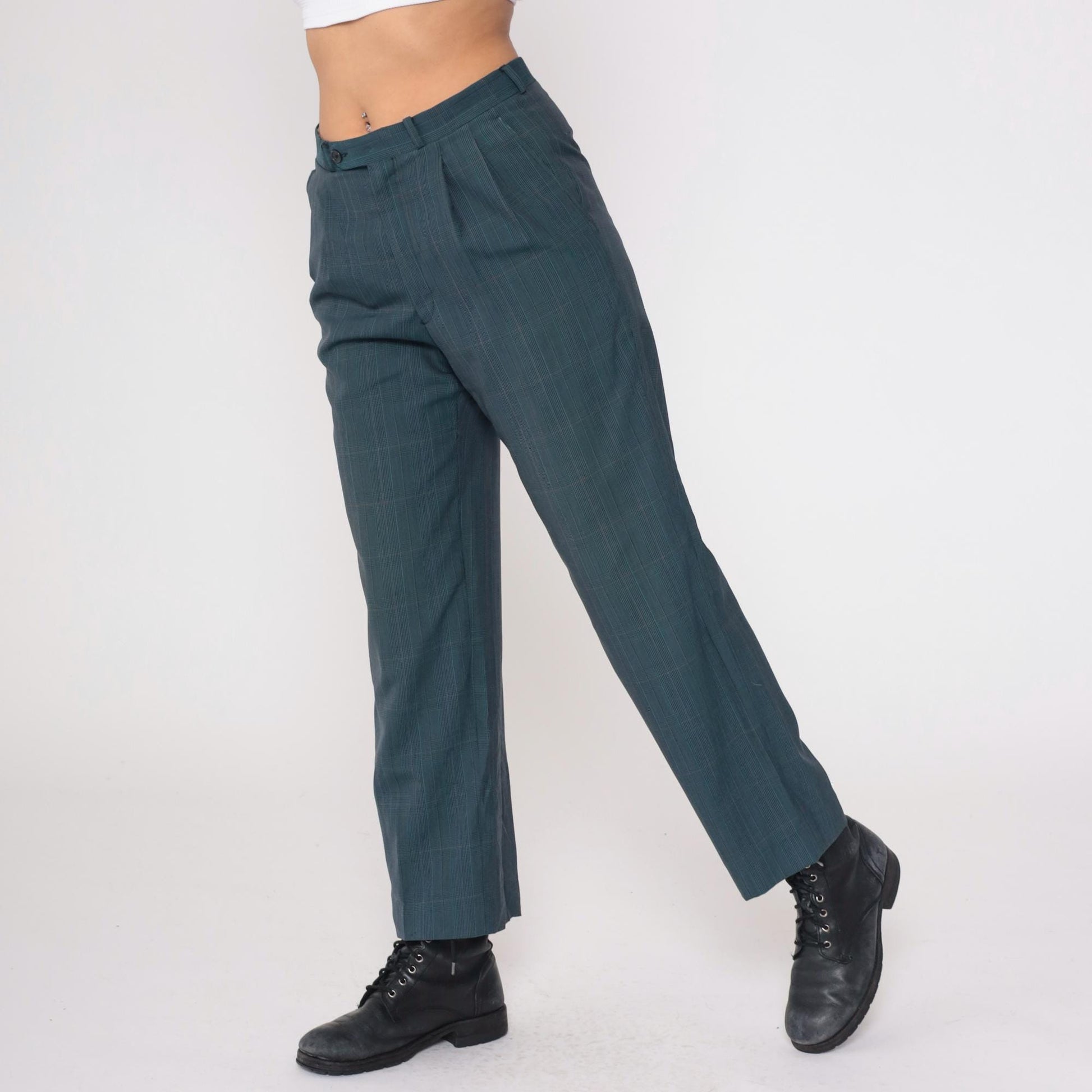 80s Dark Teal Plaid High Waist Straight Leg Trousers Pleated Large