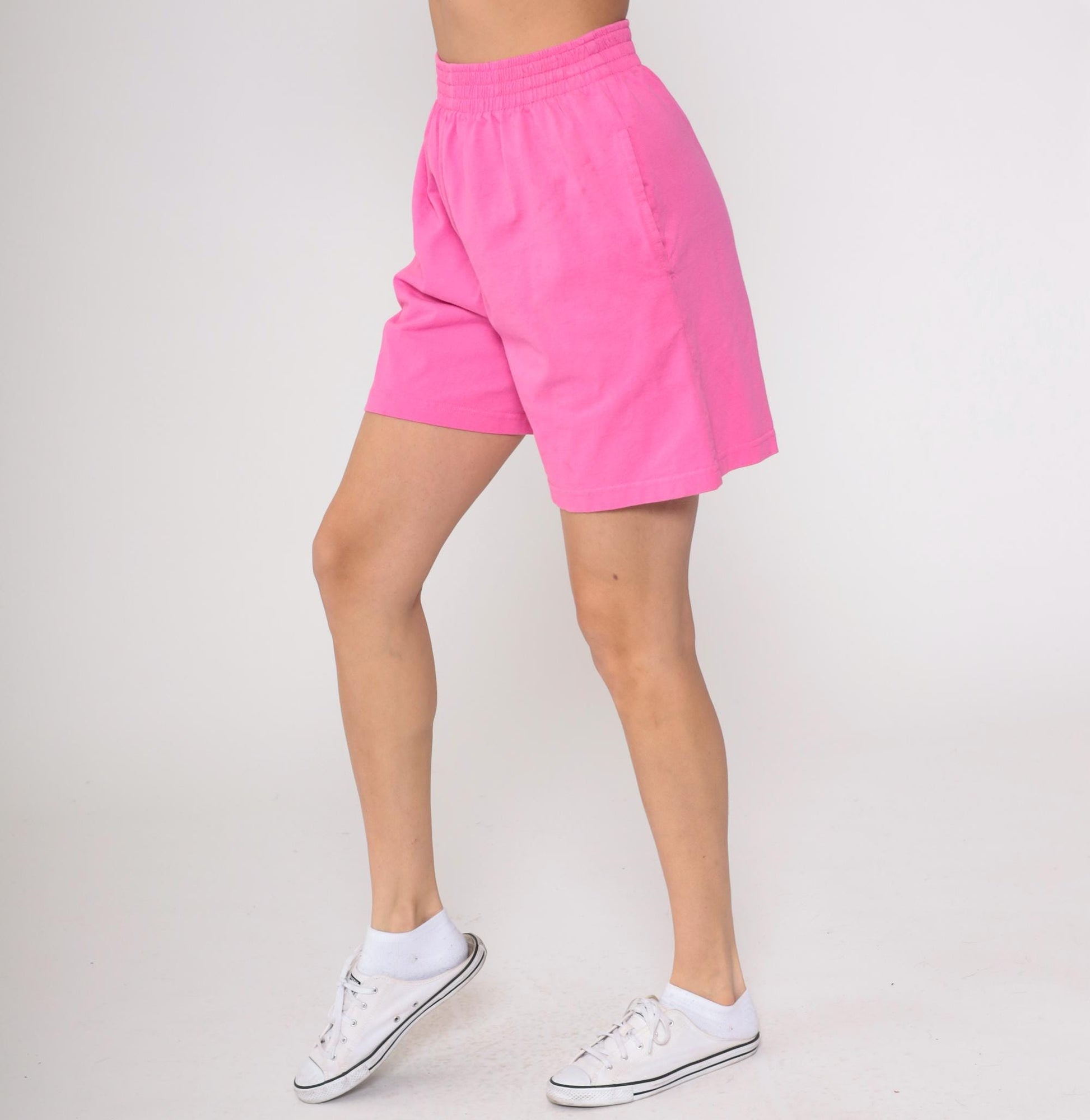 90s Hot Pink Cotton Shorts High Rise Bermuda Elastic Waist Medium