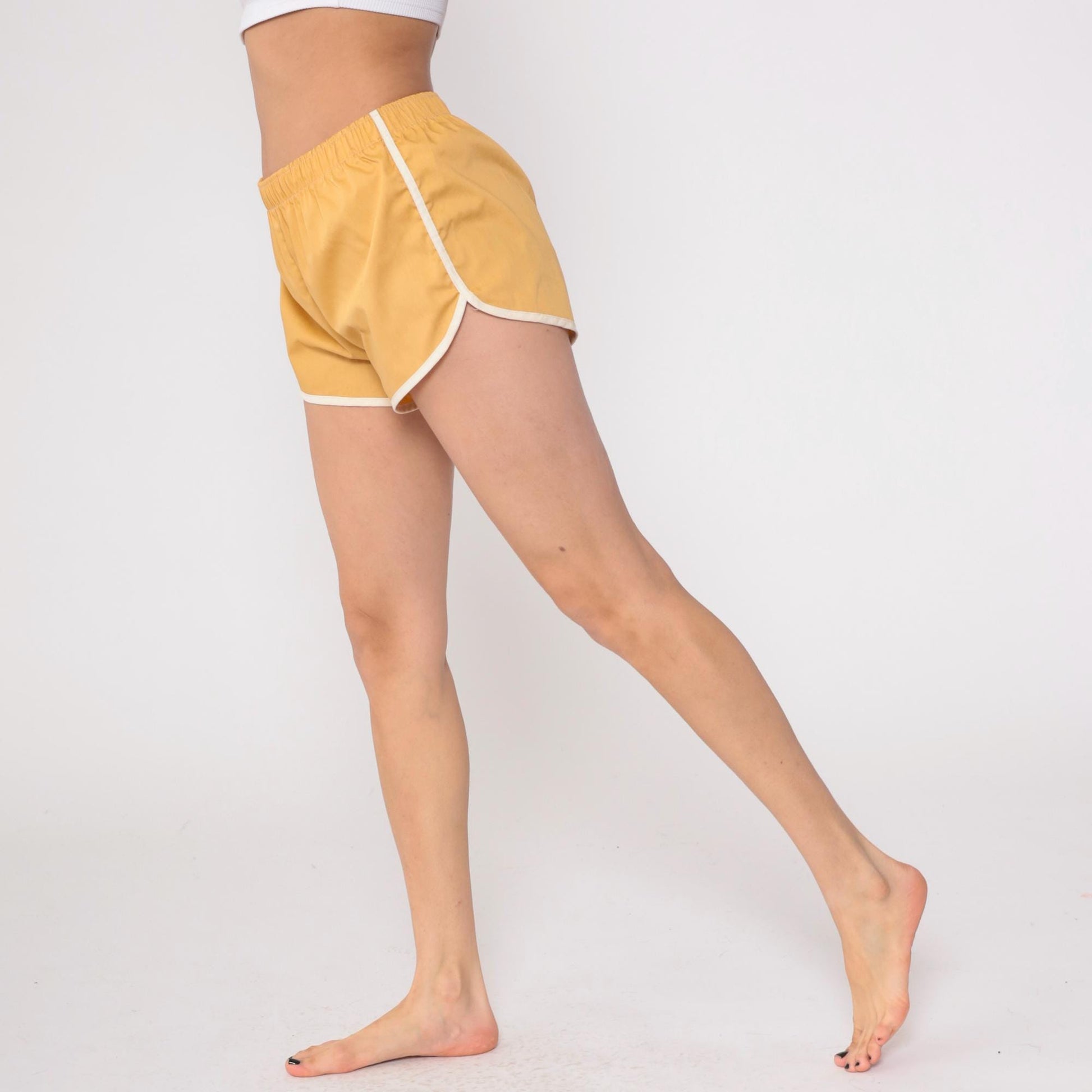 80s Tan Running Shorts White Trim Athletic Dolphin Hem Medium