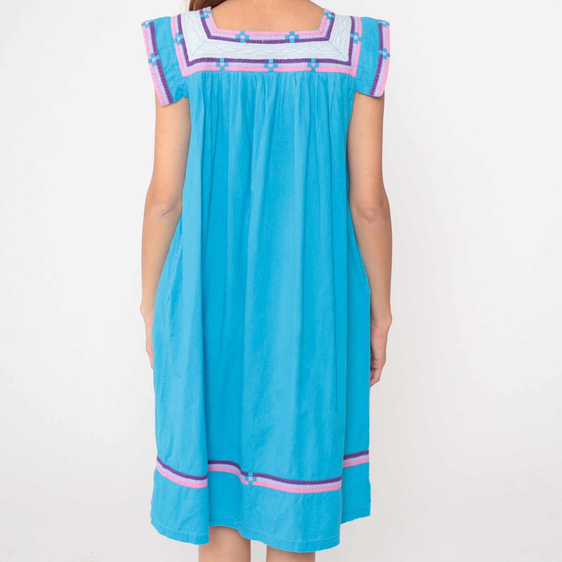 80s Turquoise Terry Cloth Dress Empire Waist Geometric Trim Cotton Large