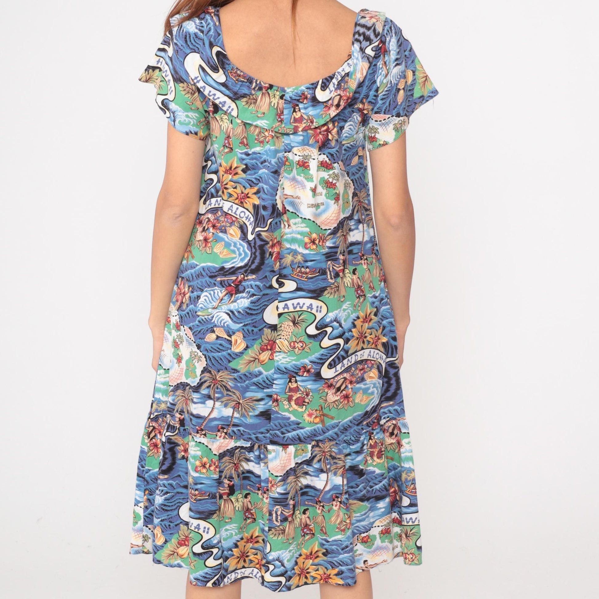 Y2K Hilo Hattie Hawaiian Midi Dress Blue Ocean Wave Print Small
