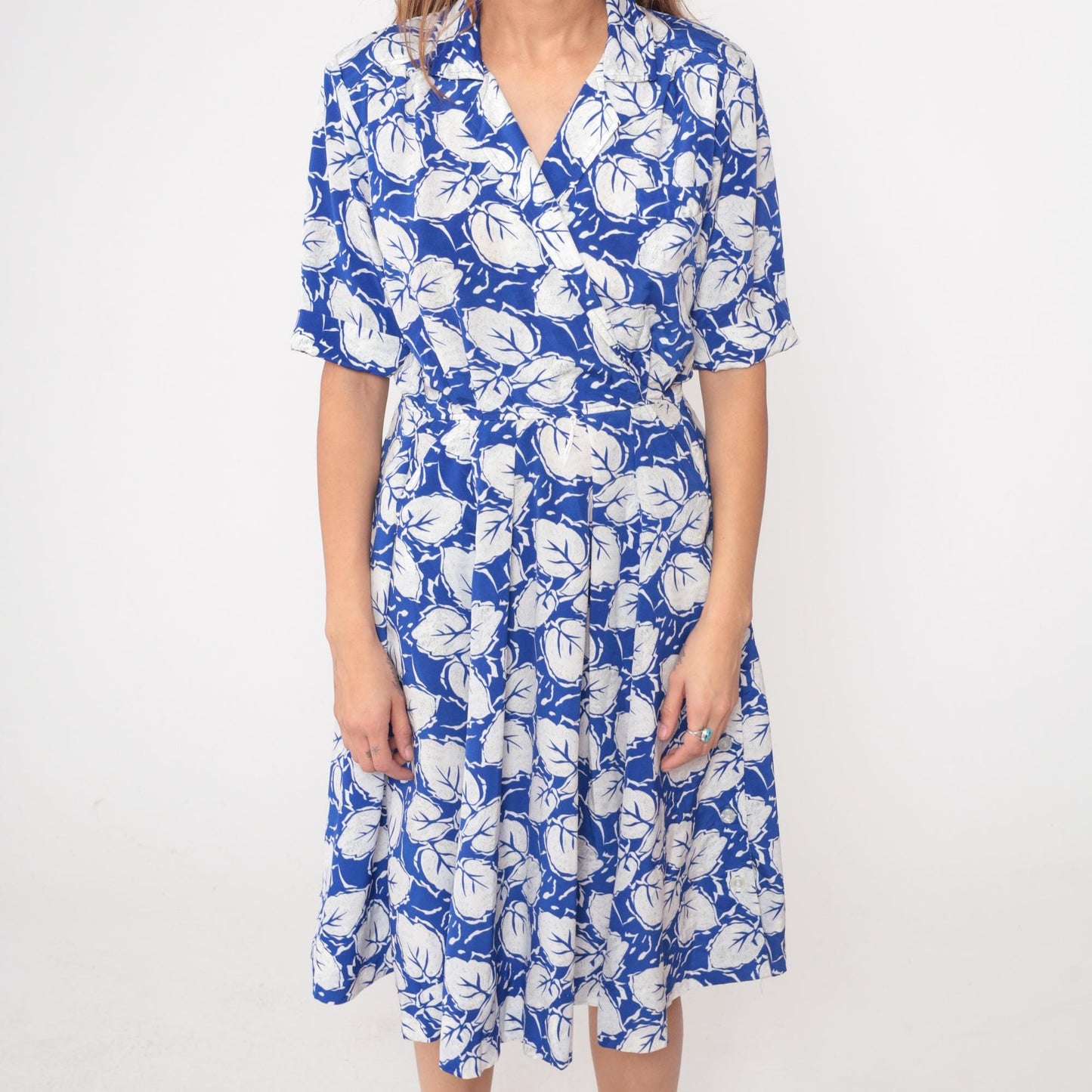 80s Darian Blue White Floral Midi Wrap Dress Collared V-Neck Medium