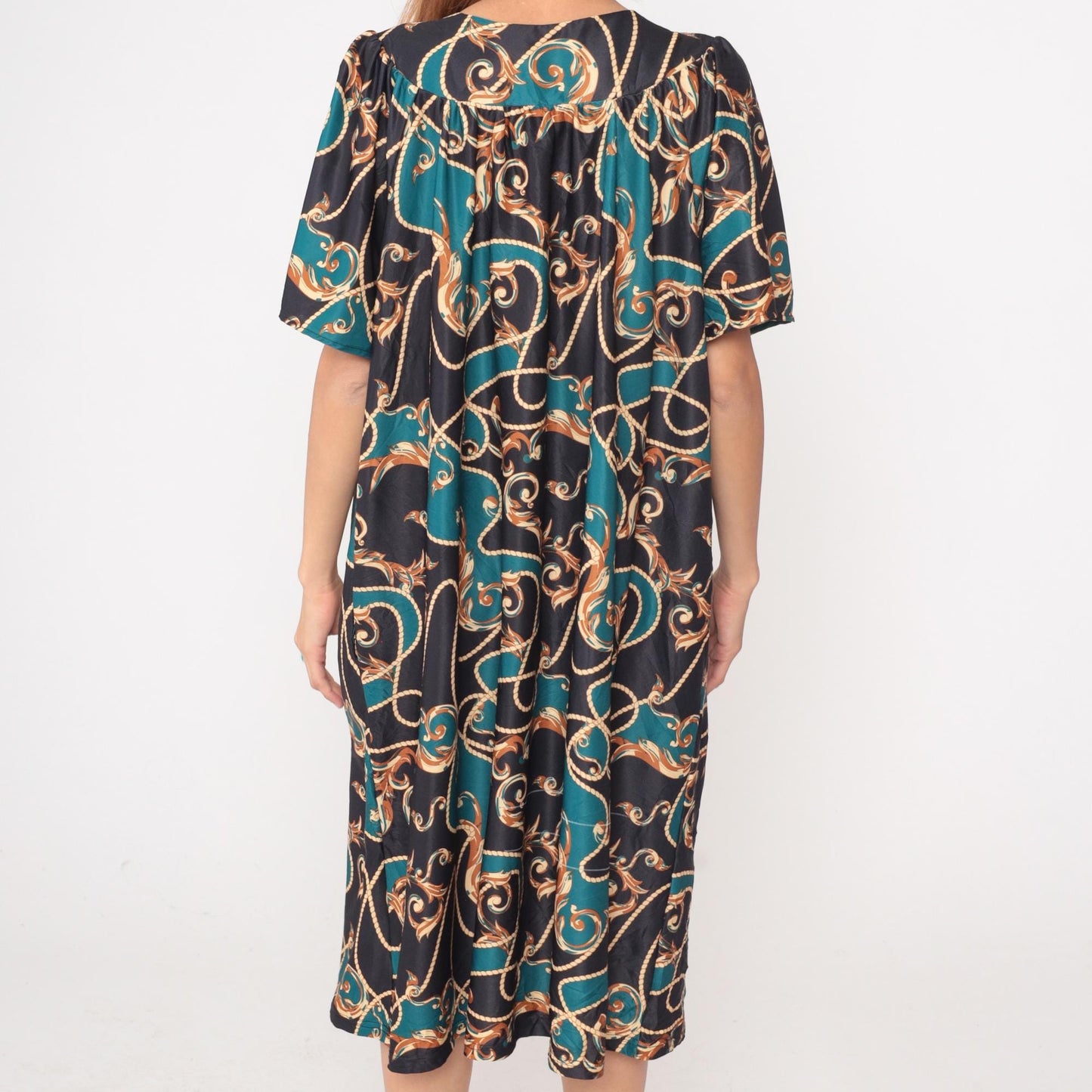 Y2K Anthony Richards Paisley Scroll Dress Teal Black Kimono Sleeve Plus Size XXL