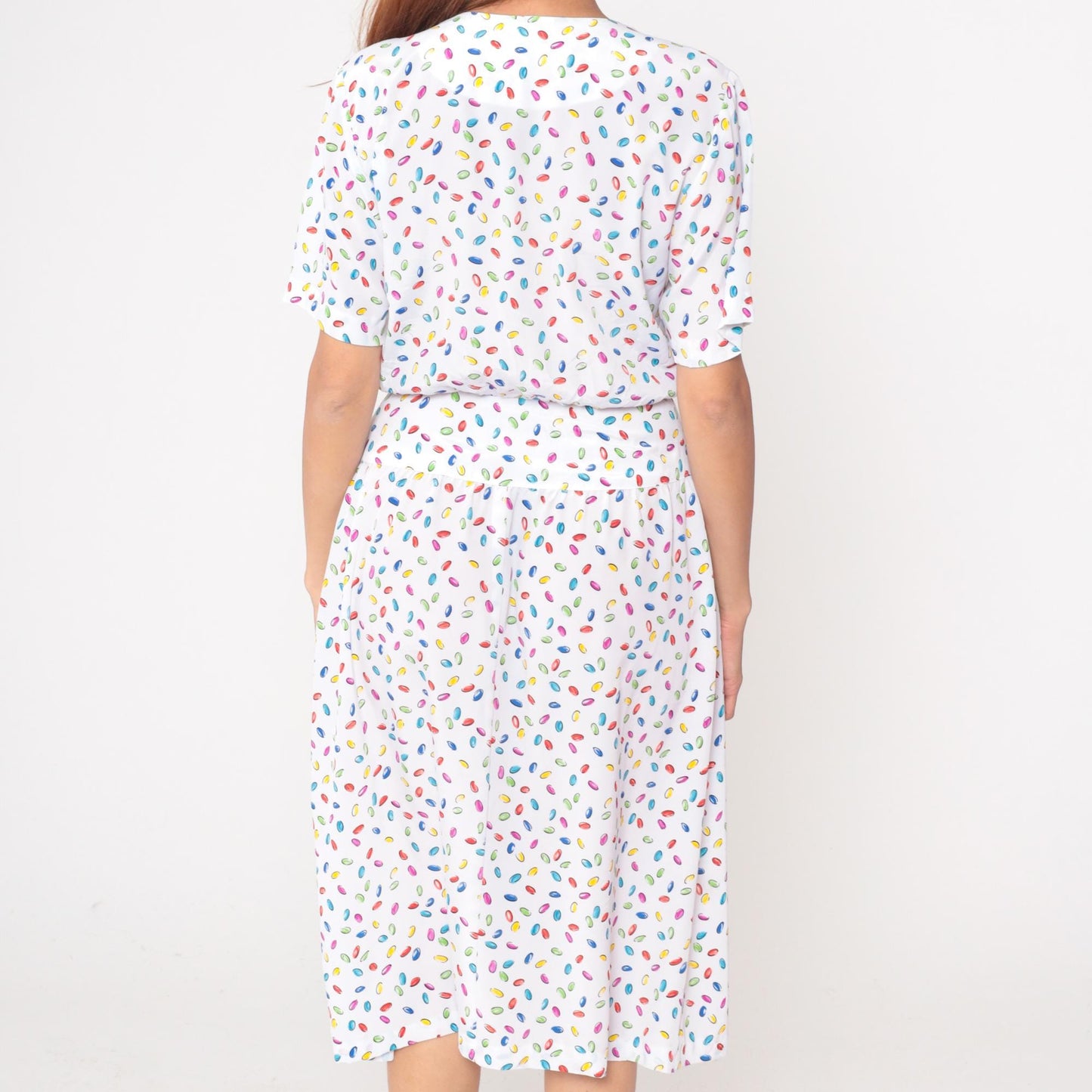 80s Liz Petites Jelly Bean Candy Print Dress White Knee-Length Medium