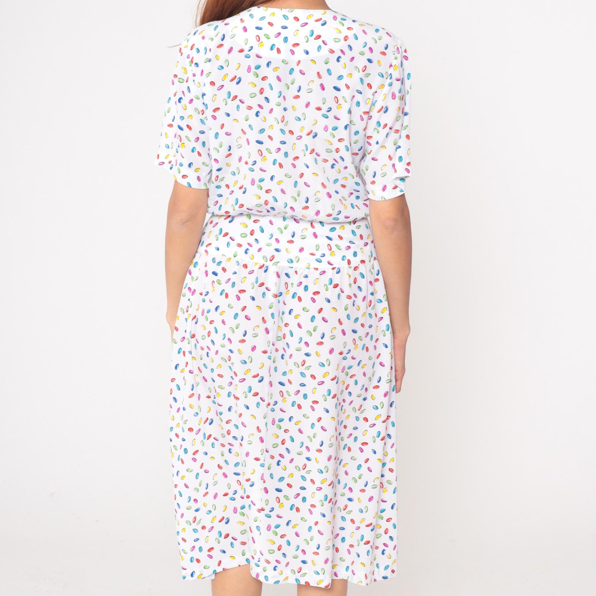 80s Liz Petites Jelly Bean Candy Print Dress White Knee-Length Medium