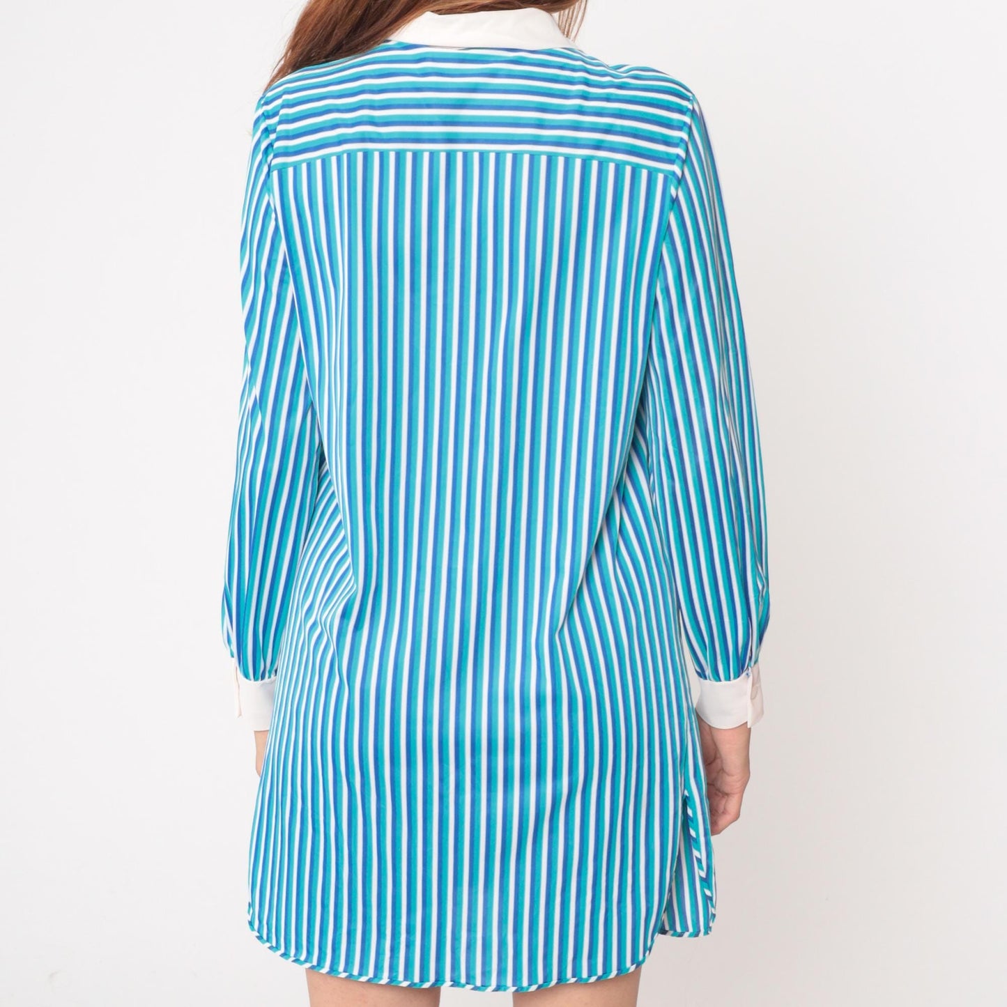 60s Blue White Striped Mini Dress Button Front Mod Shift Medium