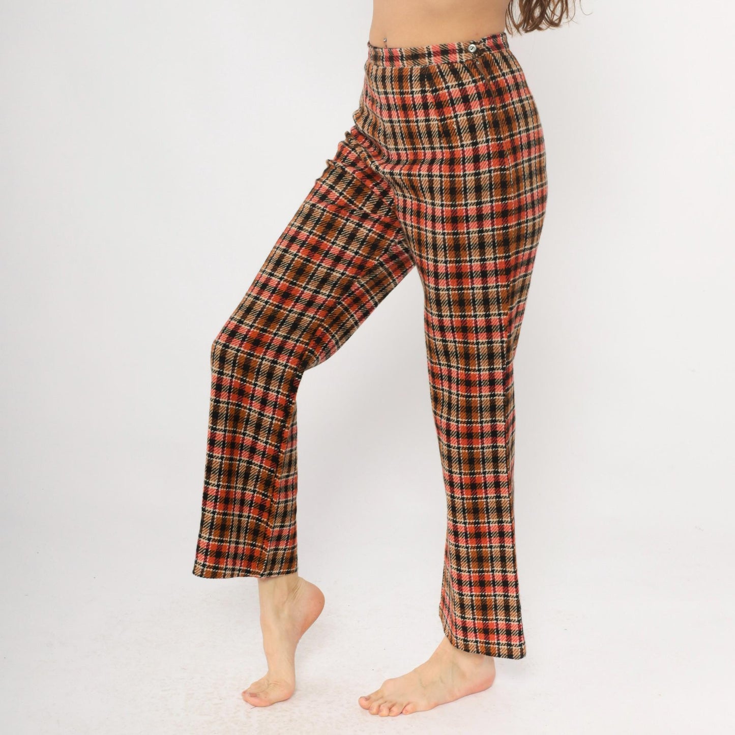 70s Plaid Wide Leg Trousers High Waisted Orange Brown Black Houndstooth Small