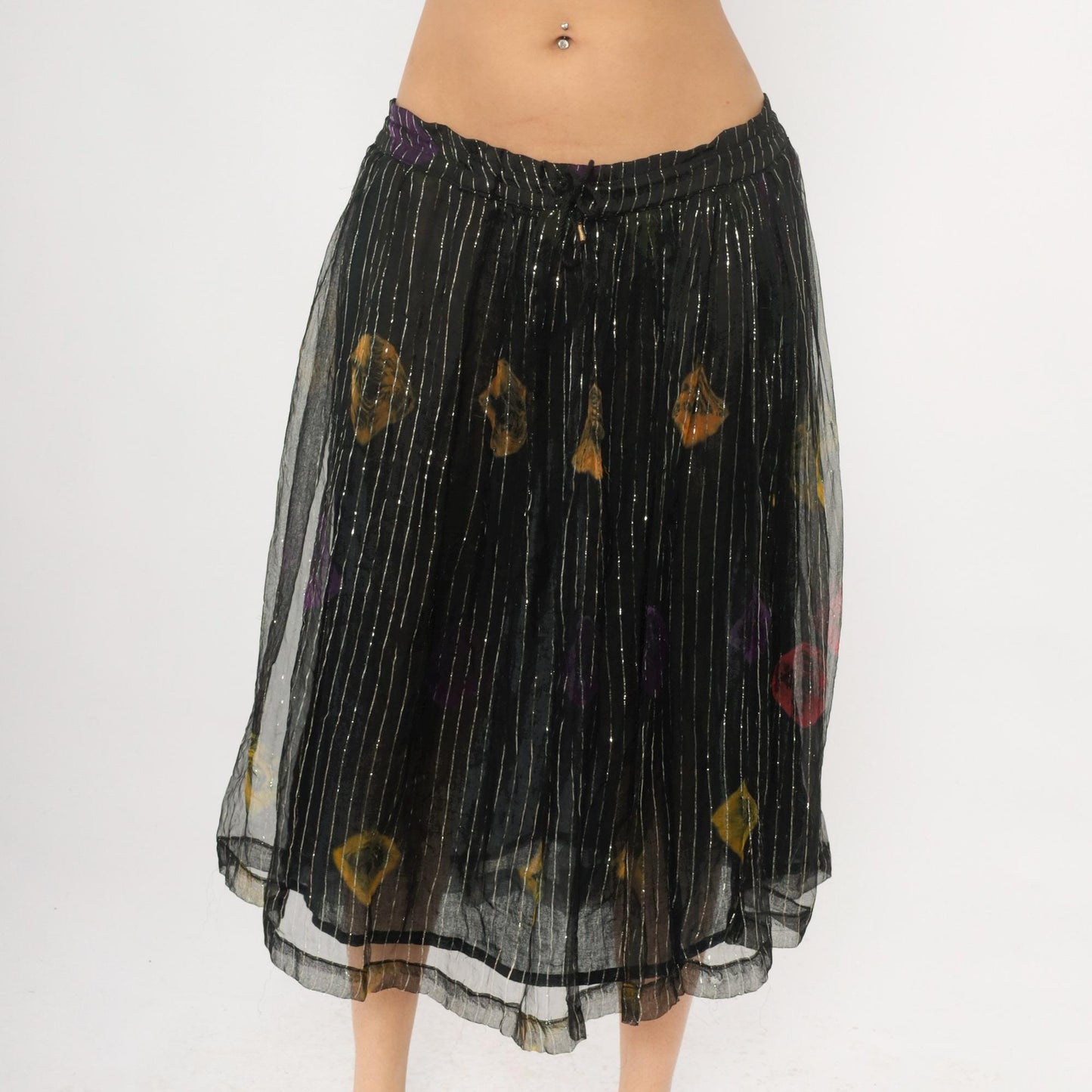 90s Black Floral Midi Skirt Metallic Pinstripe Sheer Overlay Medium