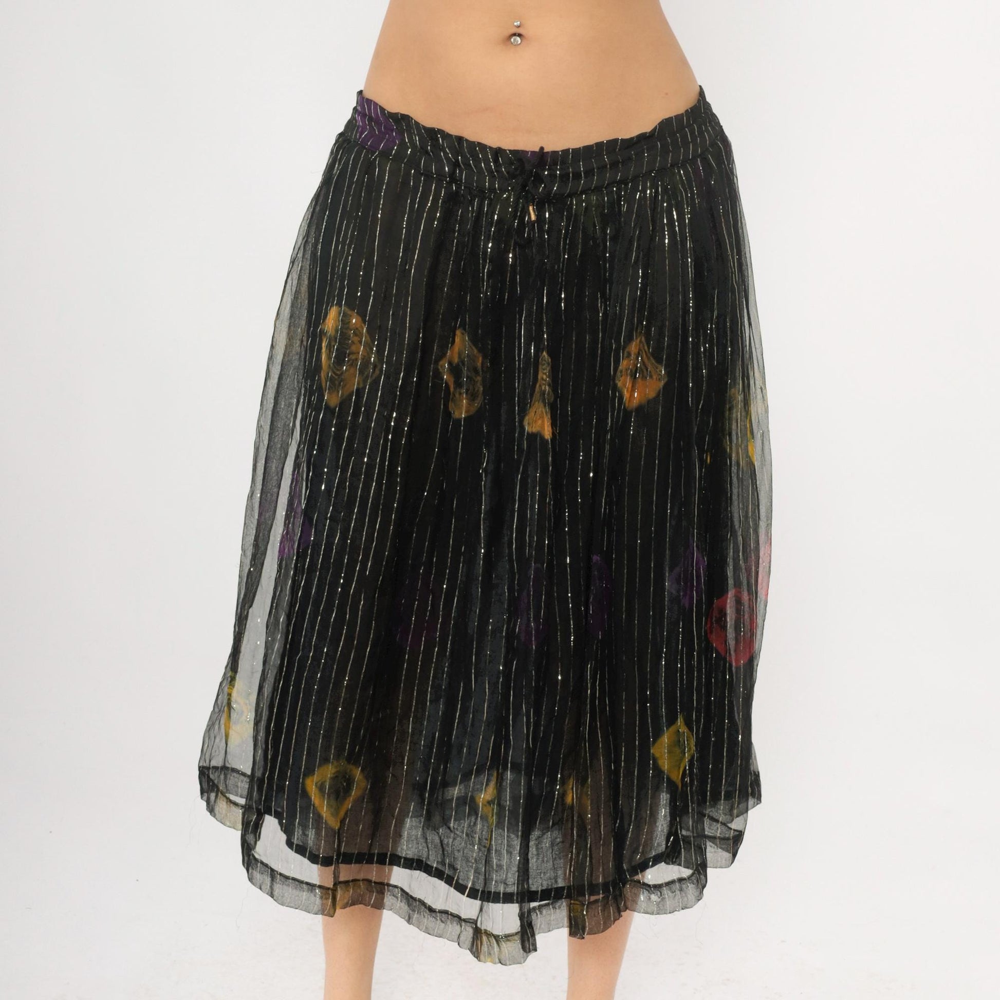 90s Black Floral Midi Skirt Metallic Pinstripe Sheer Overlay Medium