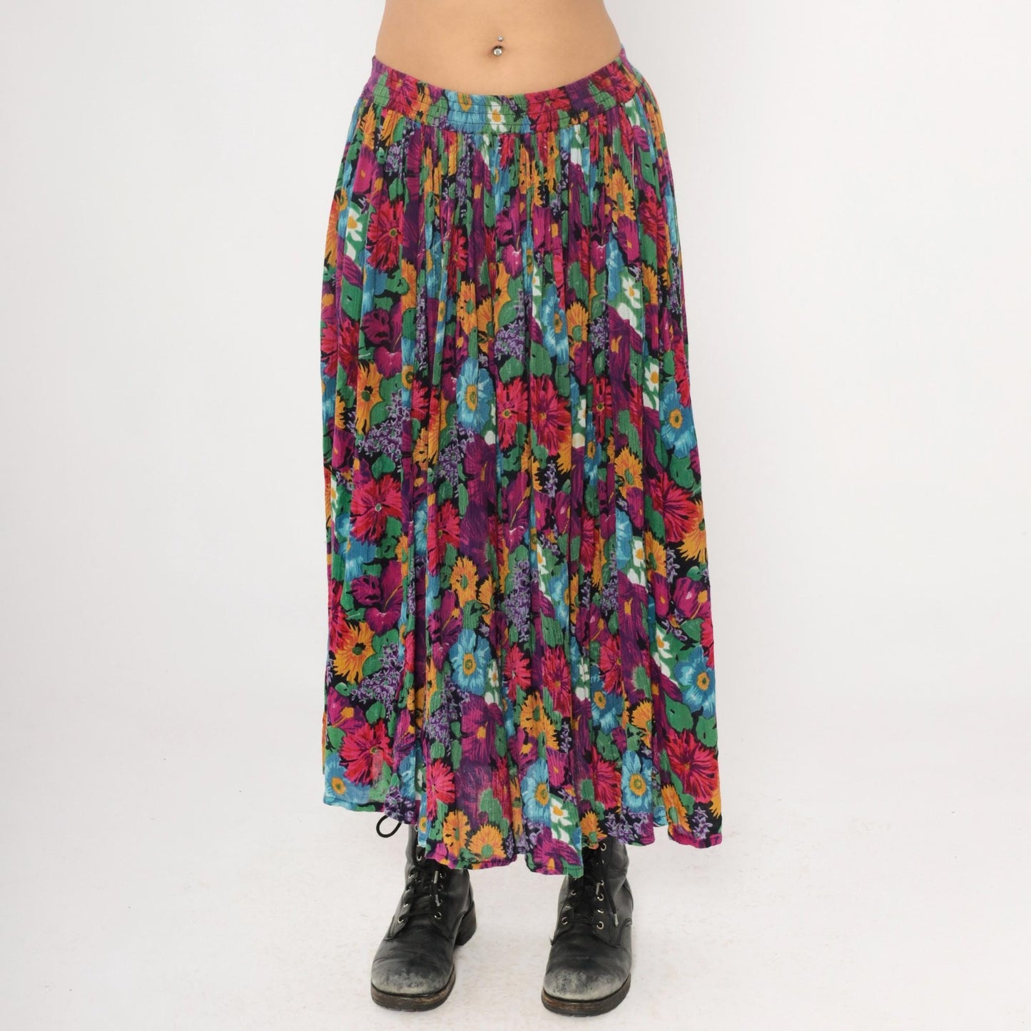 90s Jane Ashley Floral Maxi Skirt Purple Multicolor Gathered Large L