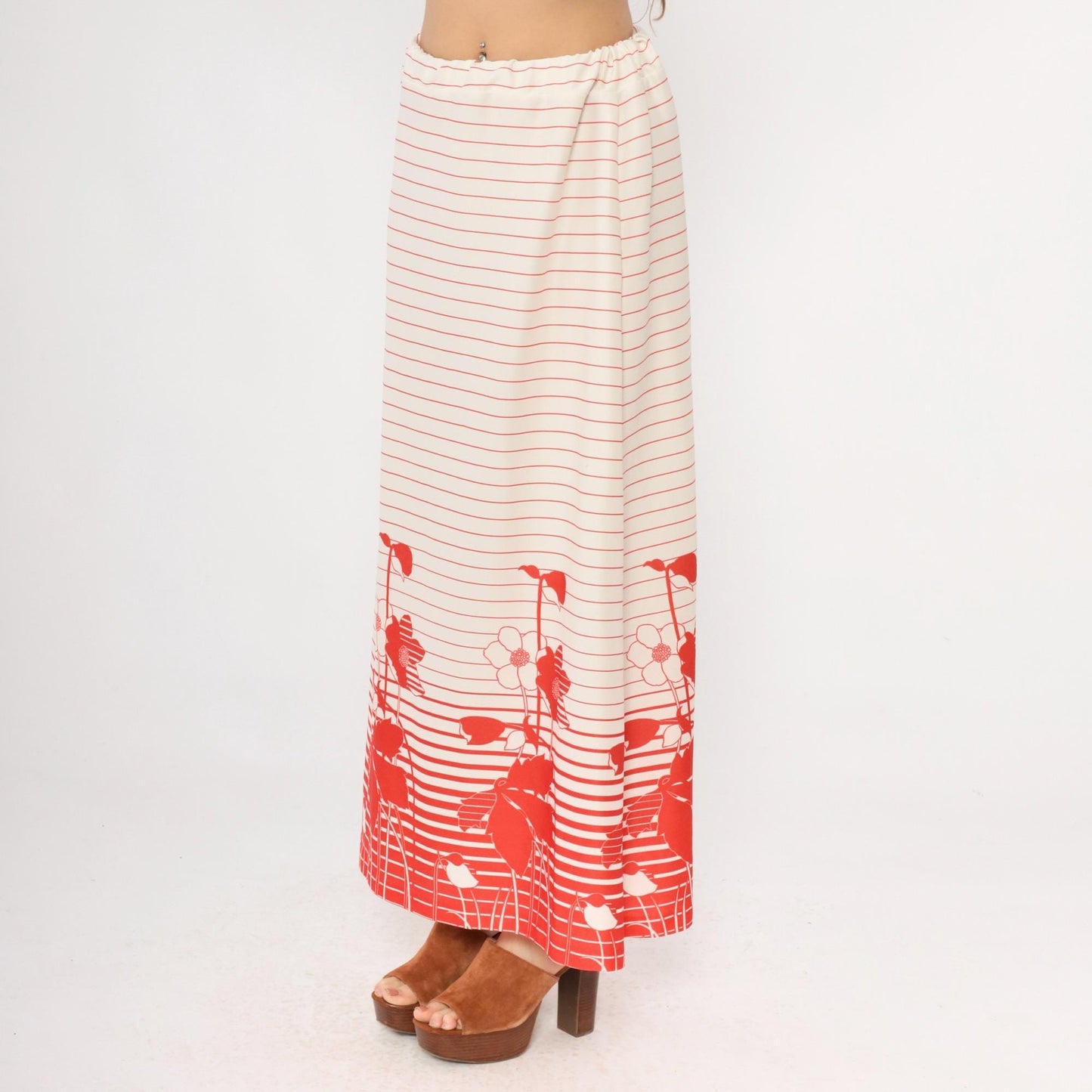 70s Floral Striped Maxi Skirt Red White Cream Elastic Waist A-Line Medium