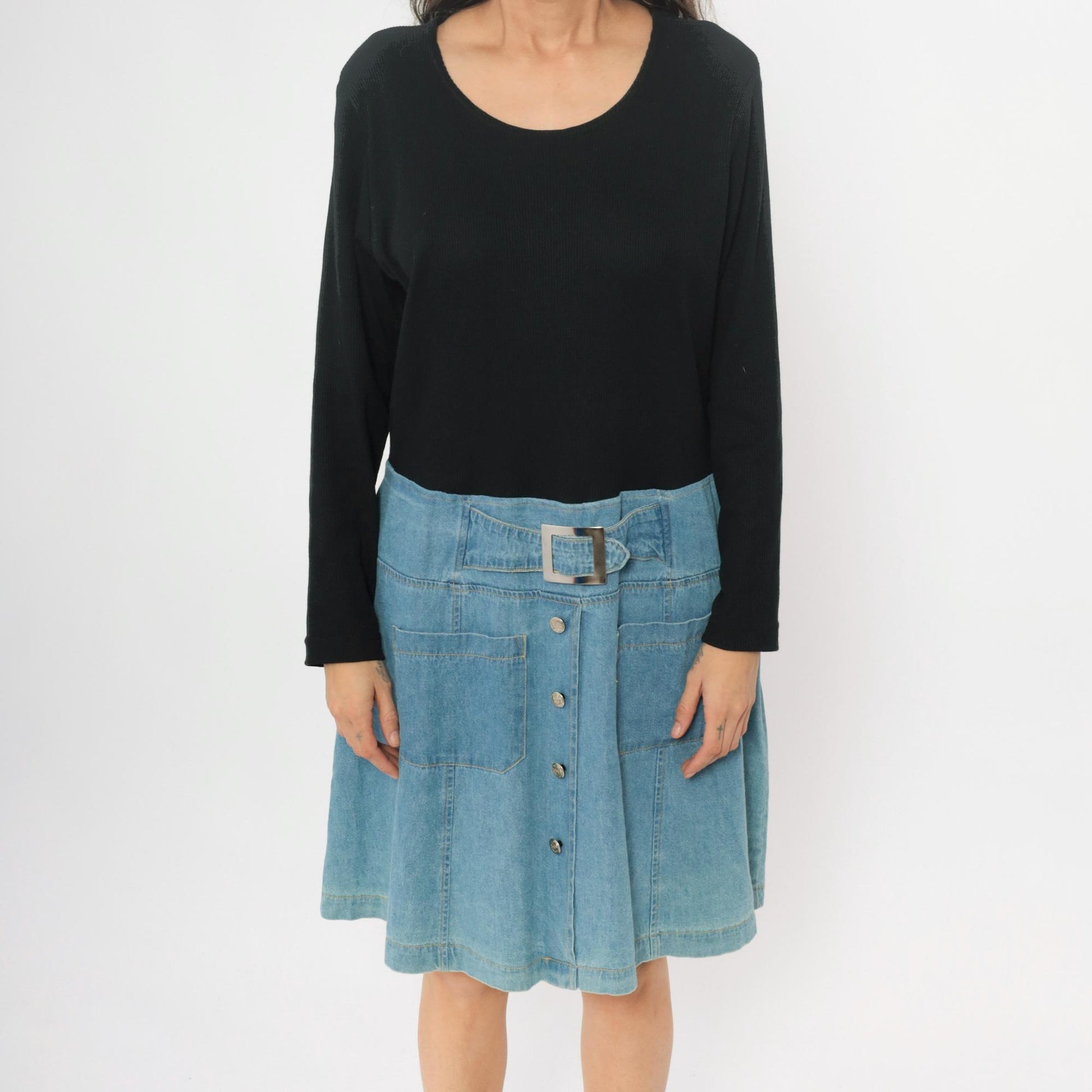 90s Diana Marco Denim Dress Black Chambray Two Tone Belted Extra Large XL