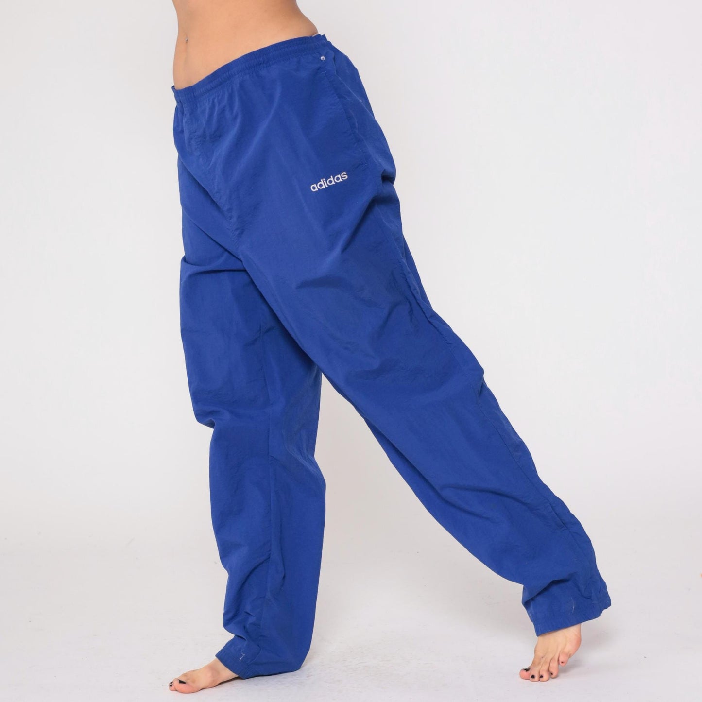 90s Adidas Royal Blue Track Pants Nylon Windbreaker Elastic Waist Large L