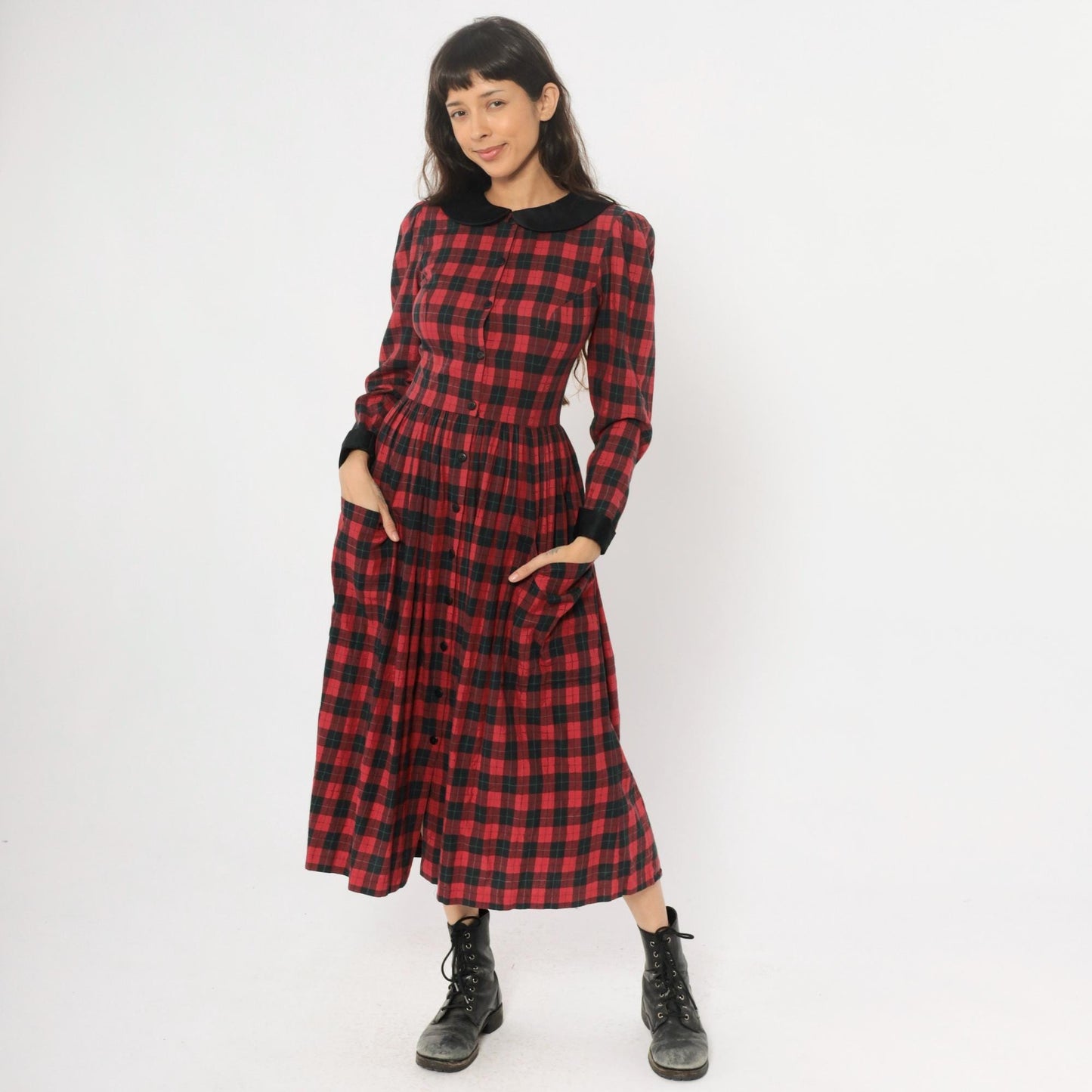 90s St Simon Red Black Plaid Midi Dress Peter Pan Collar Small S