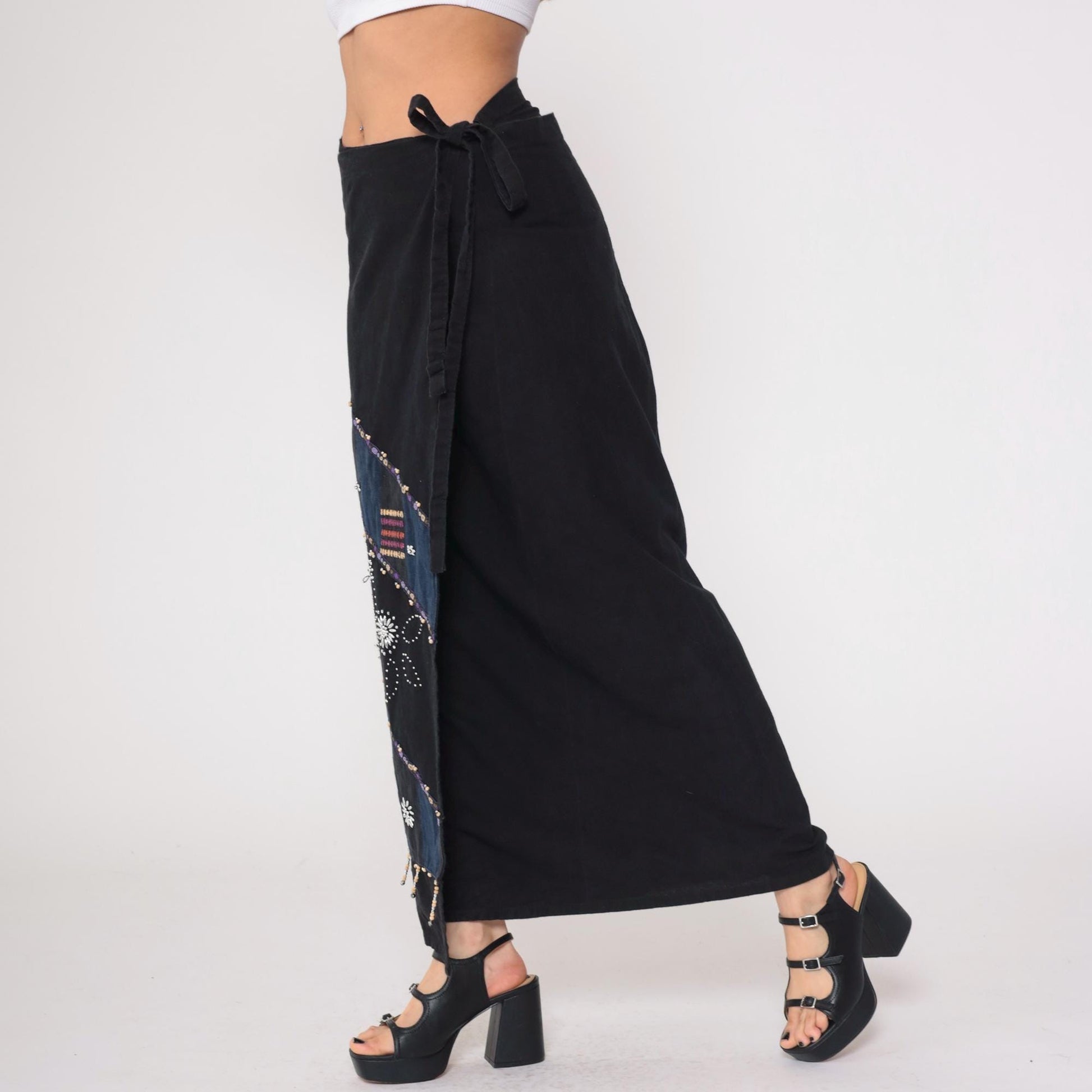 Y2K Black Wrap Skirt Beaded Navy Maxi Sequin Geometric Tribal Cotton Large