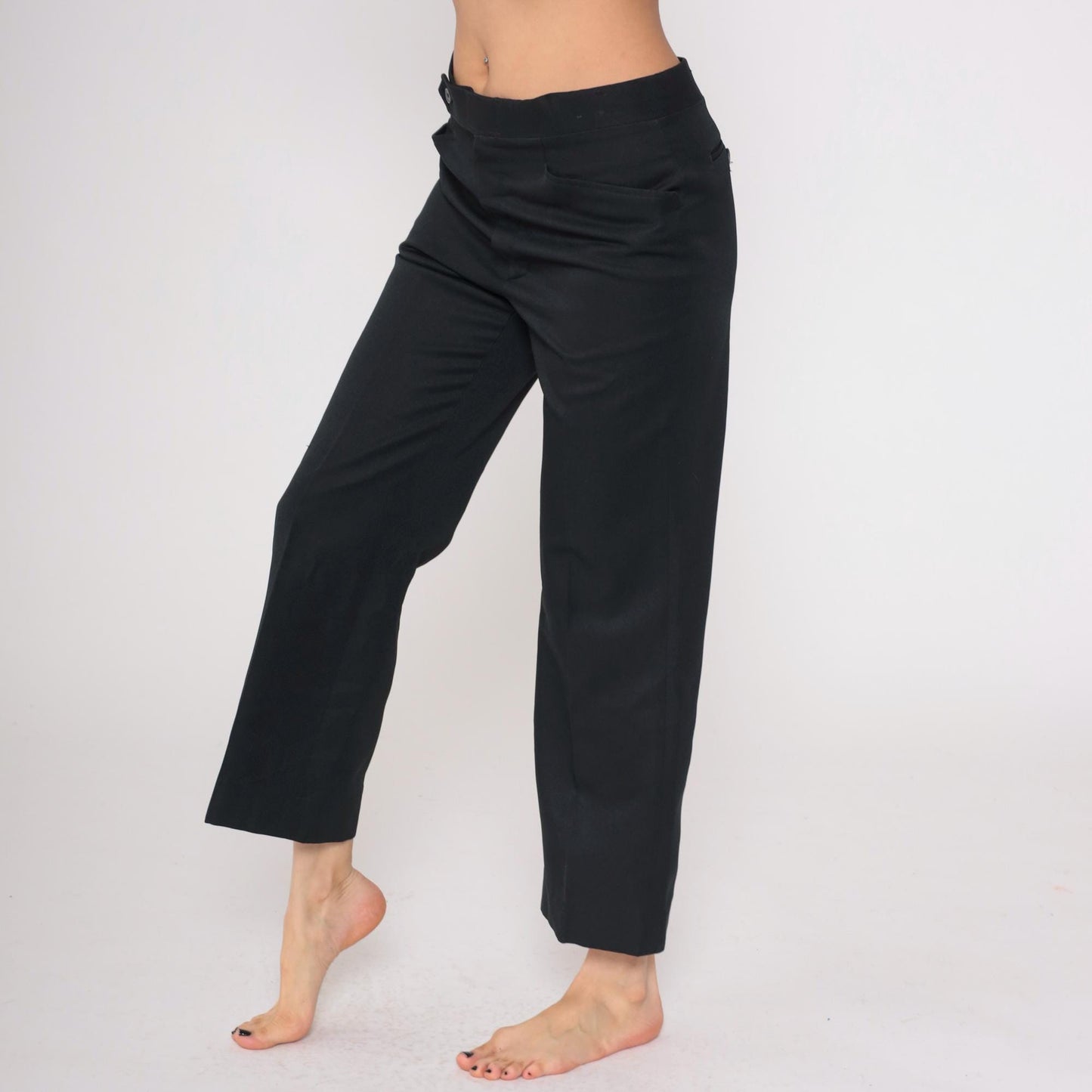 70s Black Expand-O-Matic High Waist Straight Leg Trousers Cropped Medium