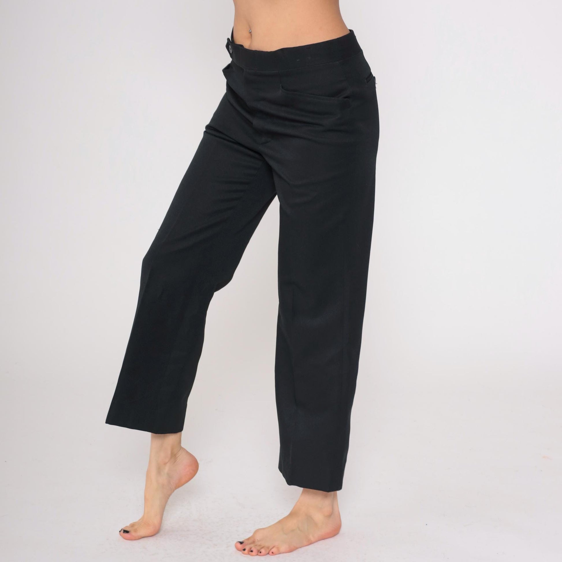 70s Black Expand-O-Matic High Waist Straight Leg Trousers Cropped Medium