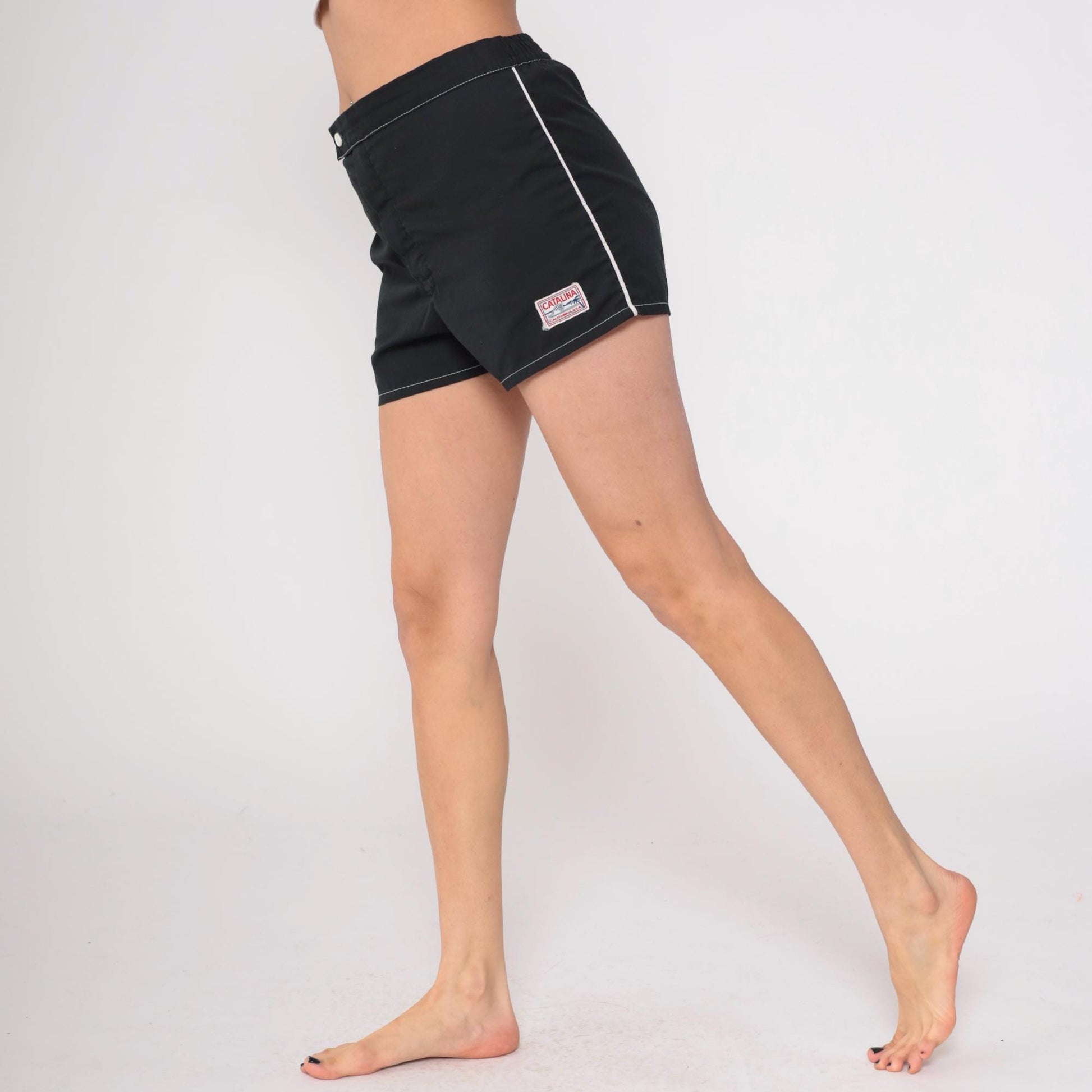 70s Catalina Black Swim Shorts White Contrast Stitching Elastic Waist Large