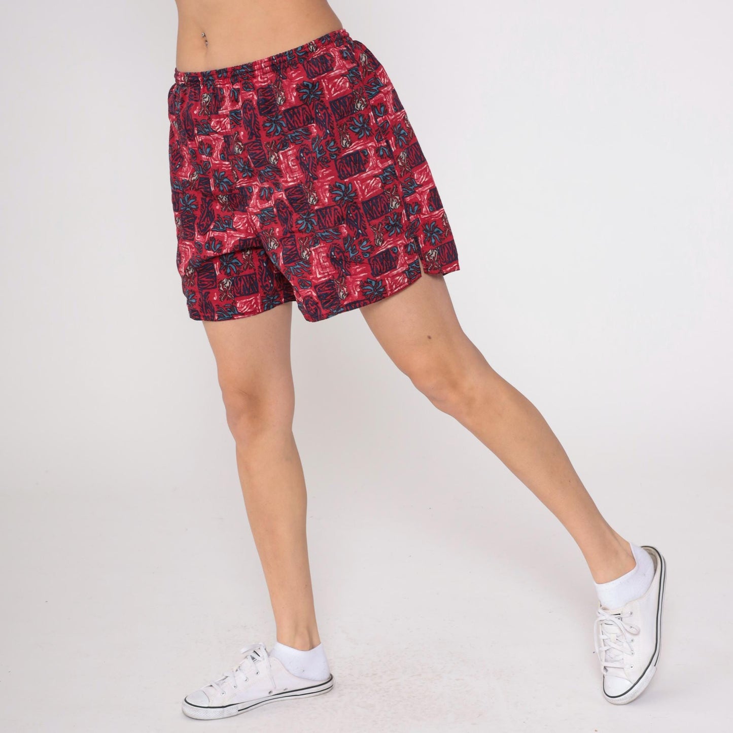 90s Newport Blue Tropical Swim Shorts Red Floral High Rise Medium