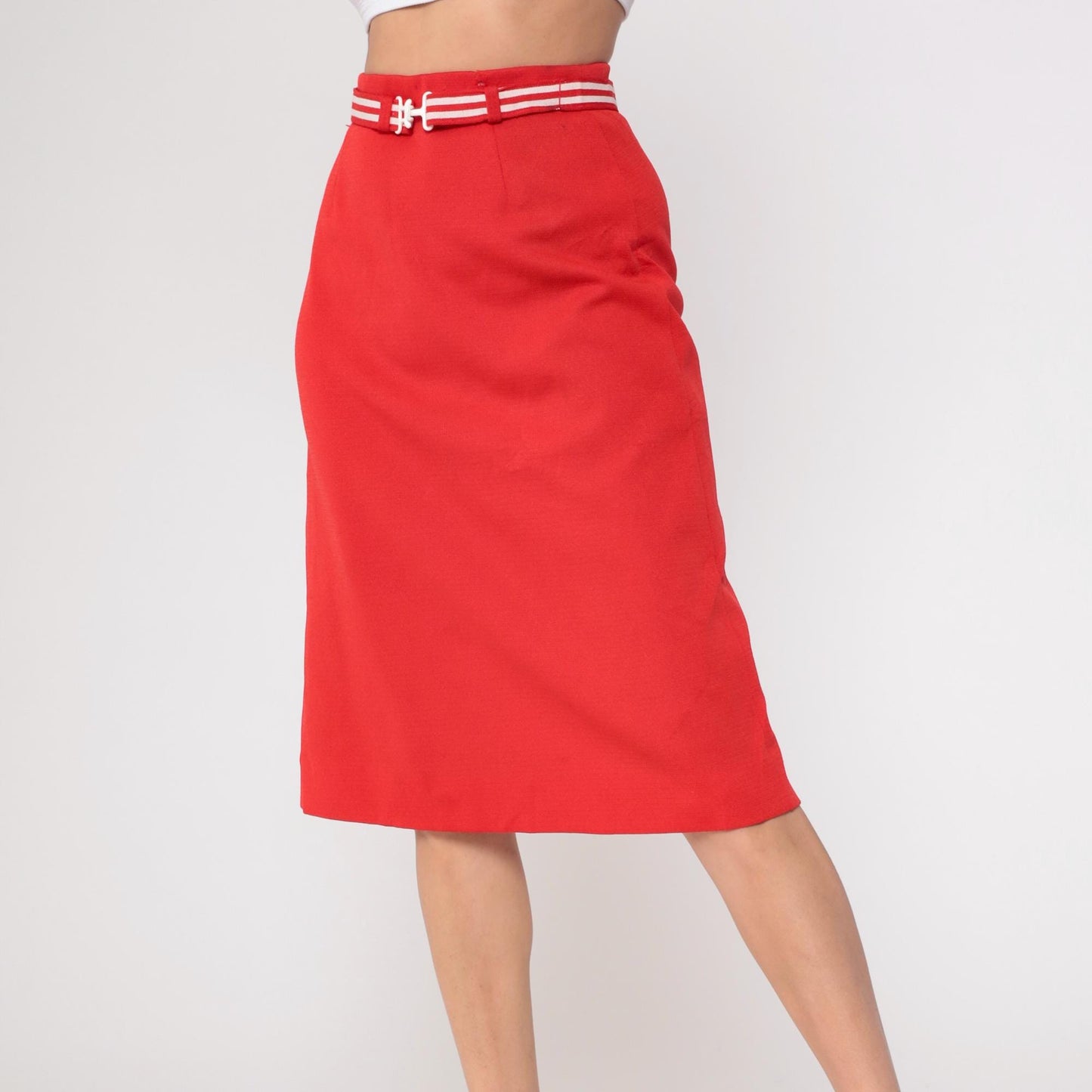 80s Act 3 Red Pencil Skirt White Striped Belt Knee-Length Medium