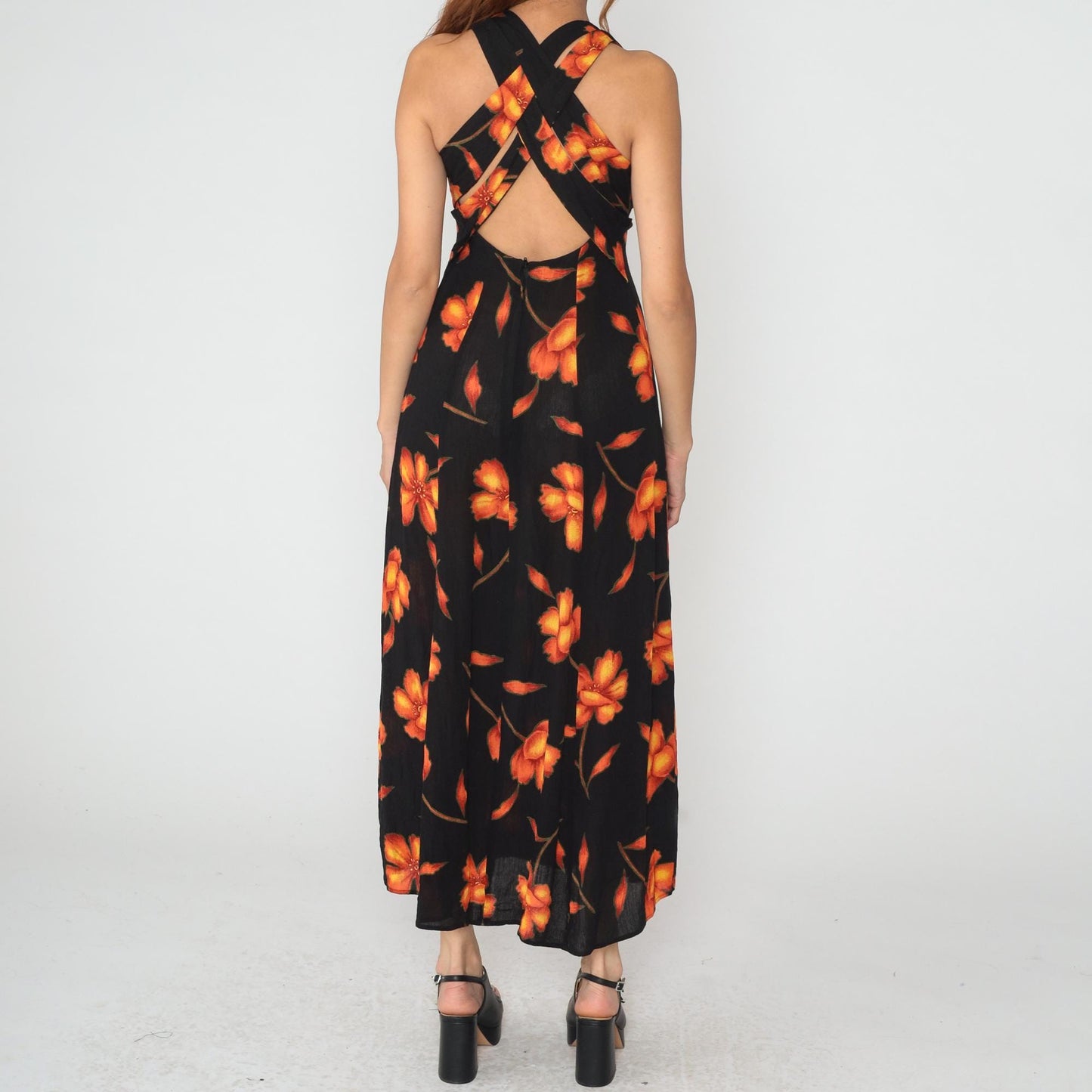 90s Black Floral Maxi Dress Halter Bustier Cross Back Medium