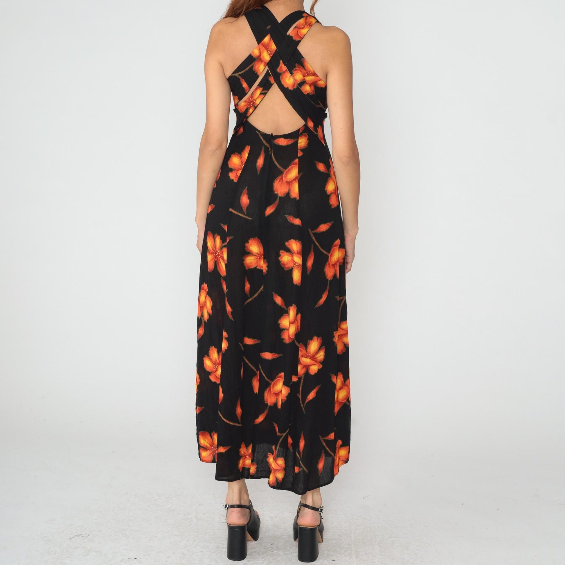 90s Black Floral Maxi Dress Halter Bustier Cross Back Medium