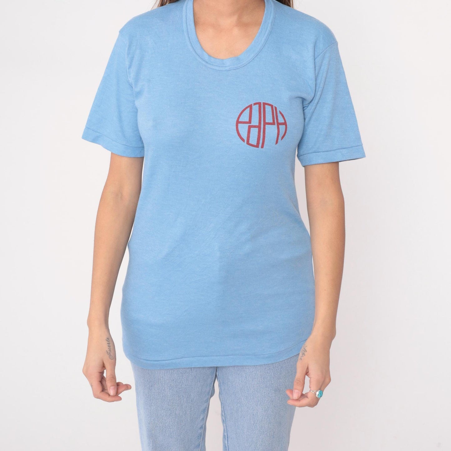 90s Paco Asia Plumbing Hardware Logo Tee Light Blue Graphic Small S