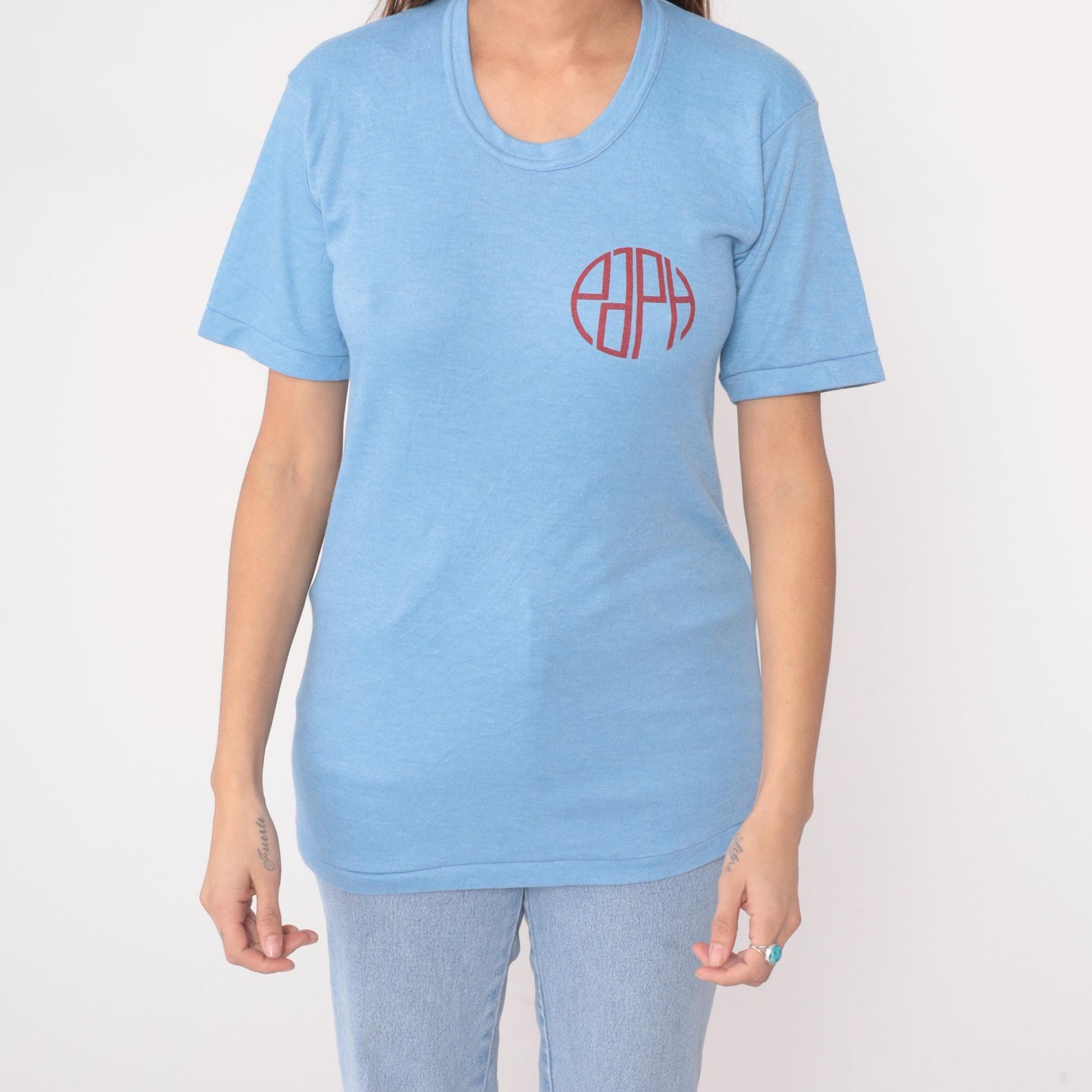 90s Paco Asia Plumbing Hardware Logo Tee Light Blue Graphic Small S