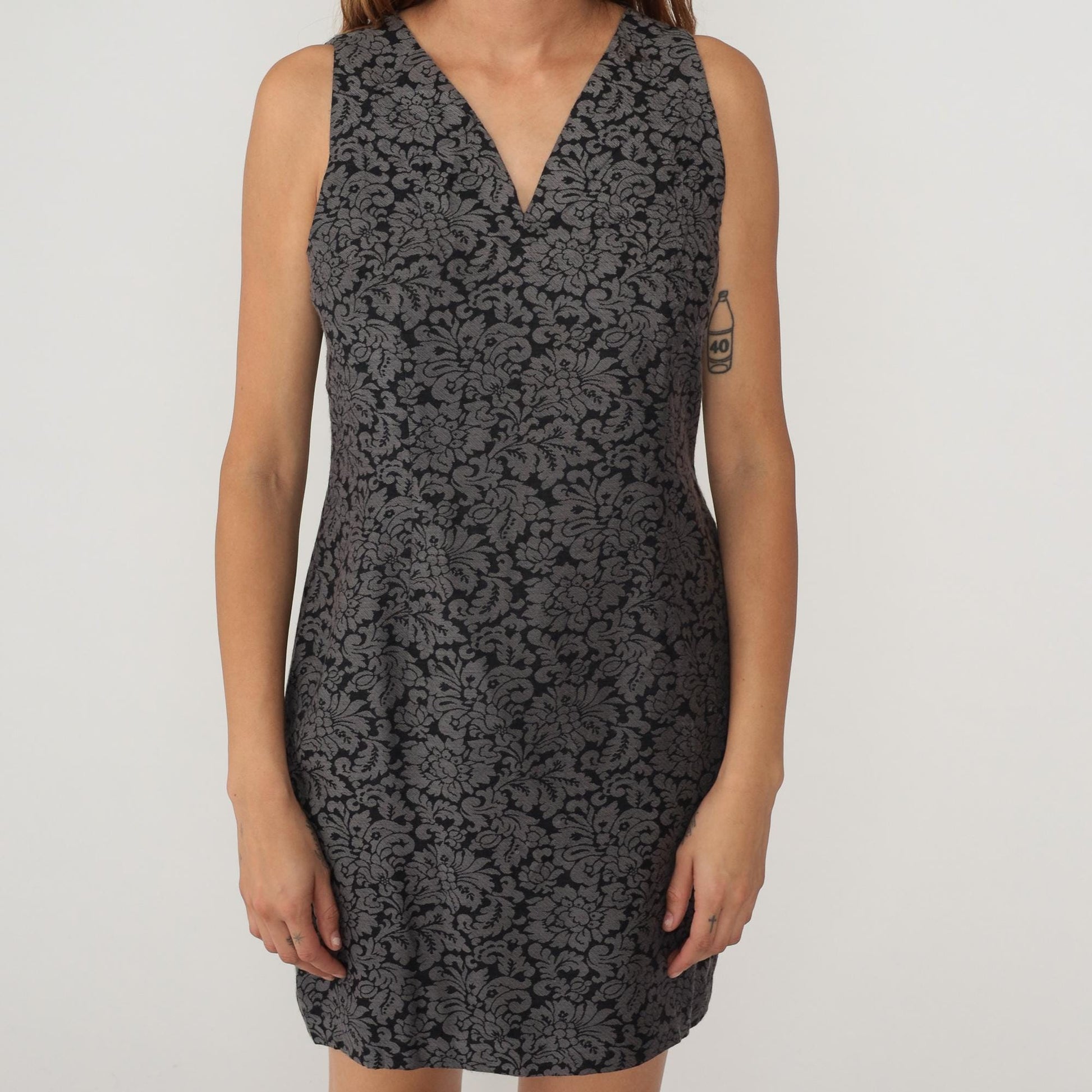 90s Bonnie Taylor Grey Floral Damask Dress V Neck Sleeveless Large L